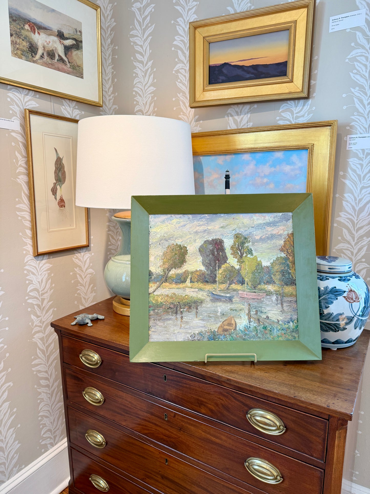 Vintage Impressionist Waterside Park Landscape in Green Painted Frame