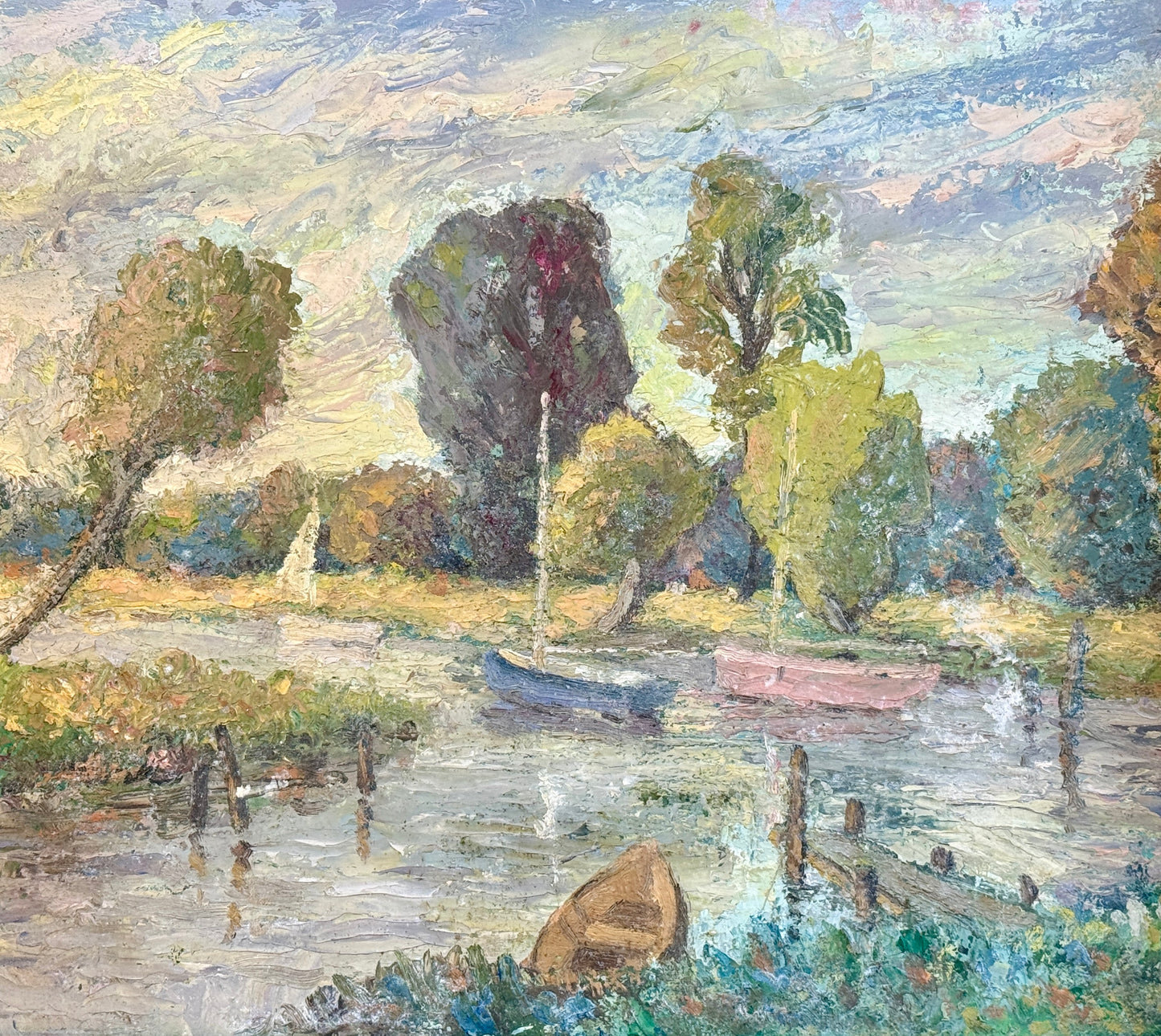 Vintage Impressionist Waterside Park Landscape in Green Painted Frame