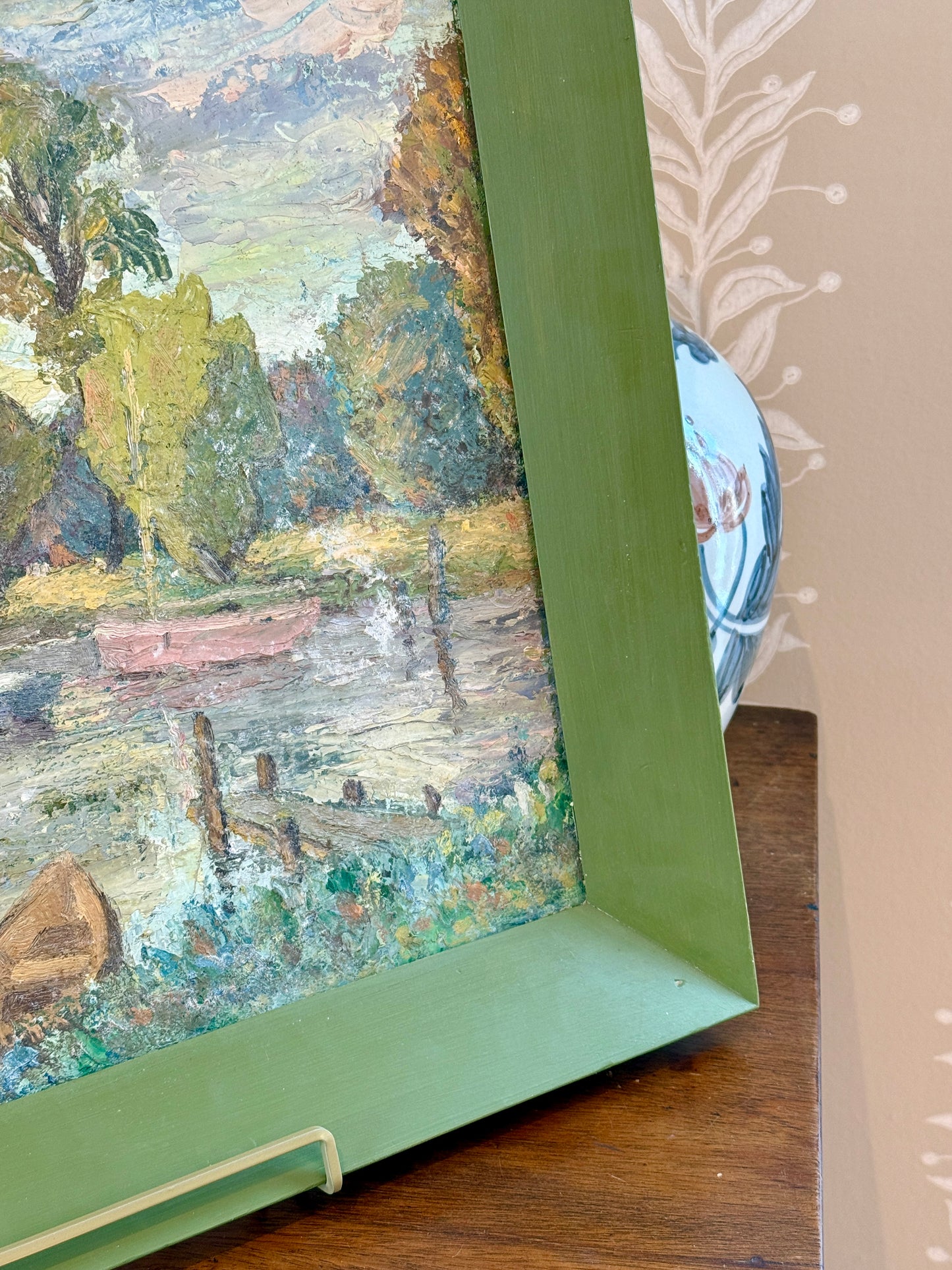 Vintage Impressionist Waterside Park Landscape in Green Painted Frame