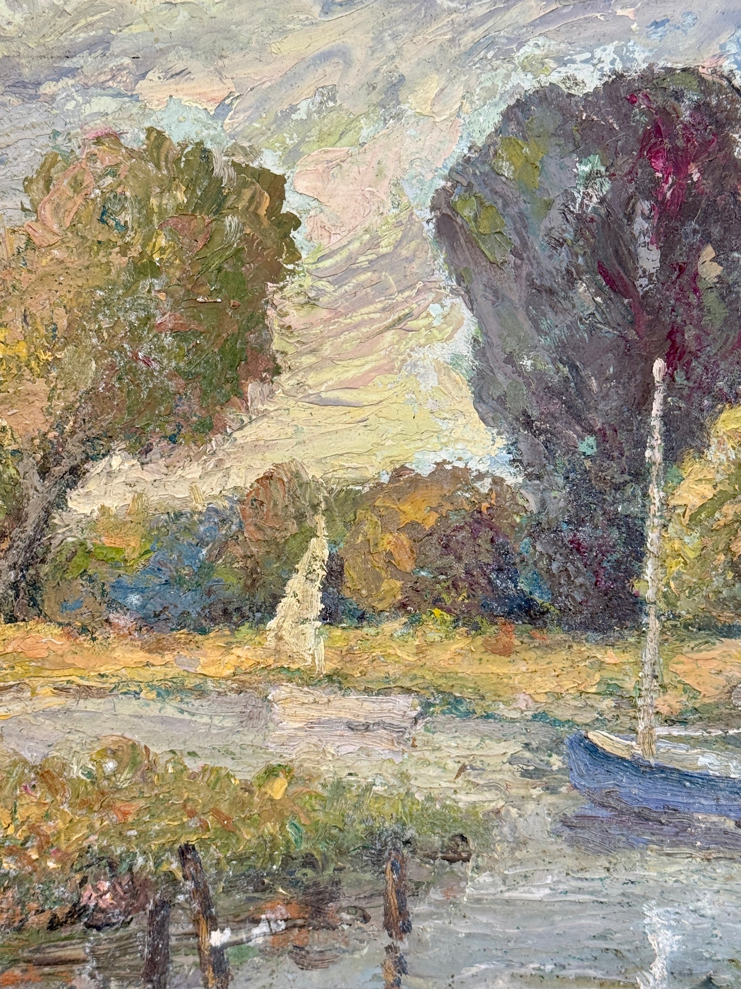 Vintage Impressionist Waterside Park Landscape in Green Painted Frame
