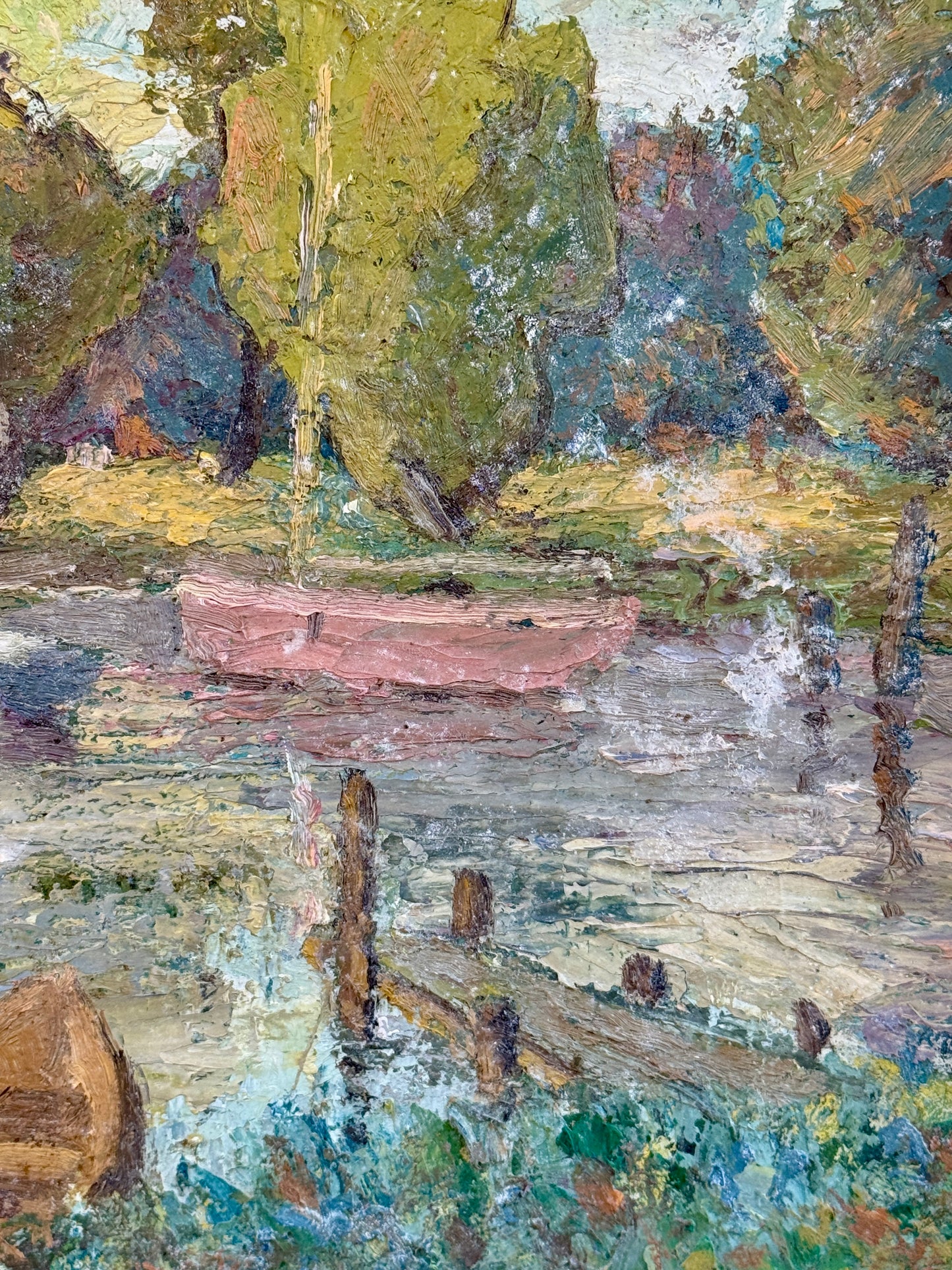 Vintage Impressionist Waterside Park Landscape in Green Painted Frame