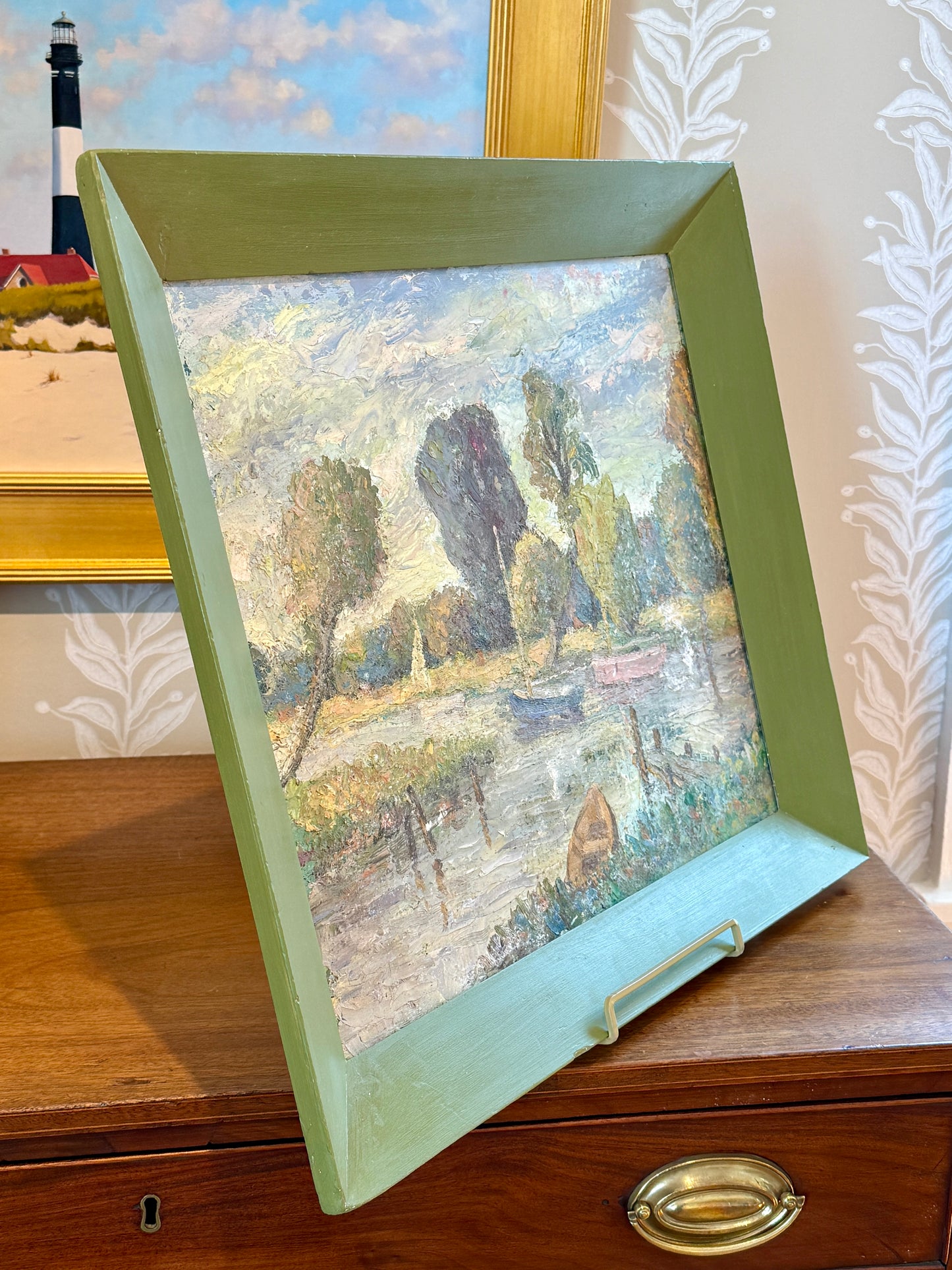 Vintage Impressionist Waterside Park Landscape in Green Painted Frame