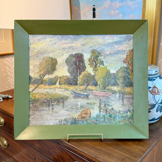 Vintage Impressionist Waterside Park Landscape in Green Painted Frame