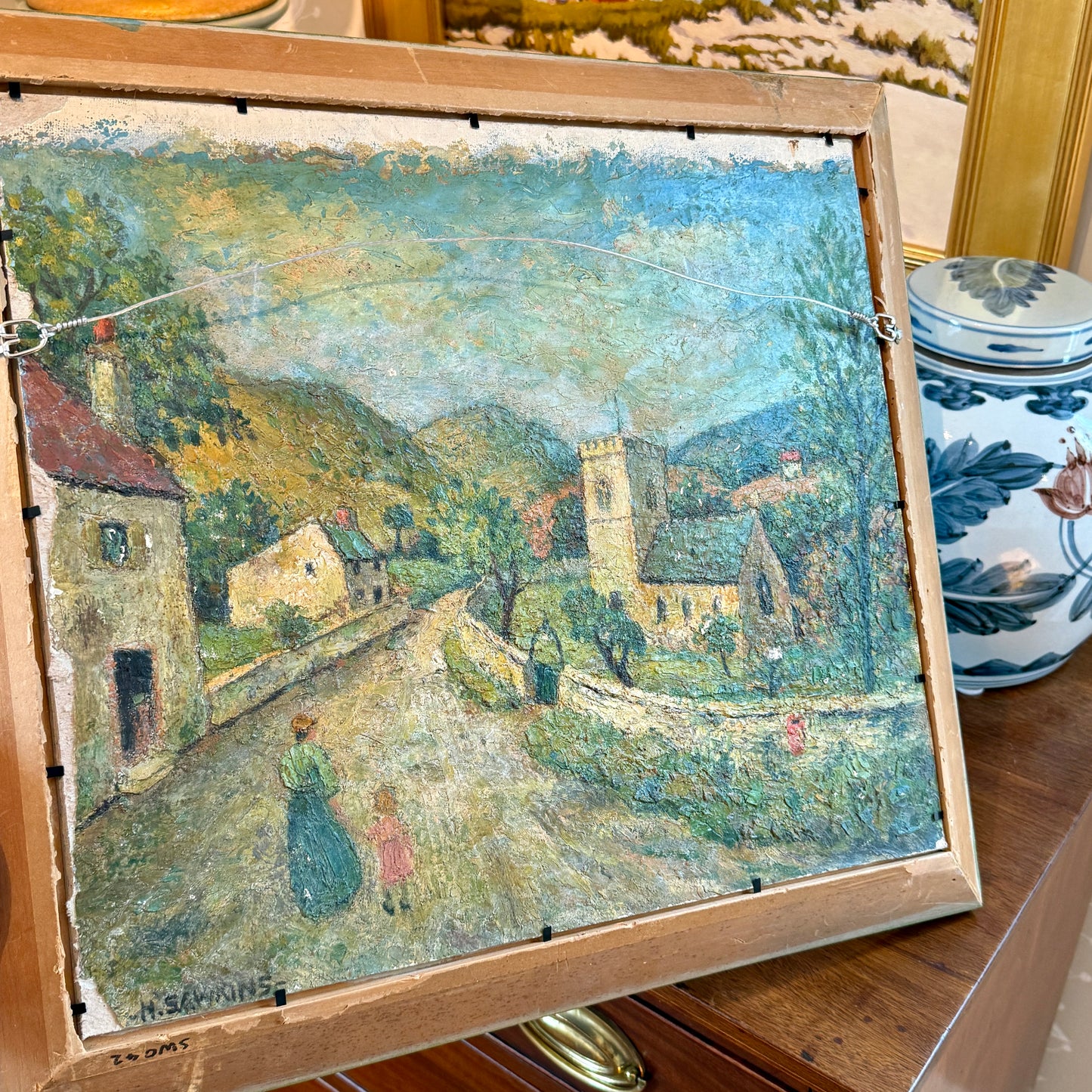 Vintage Impressionist Waterside Park Landscape in Green Painted Frame
