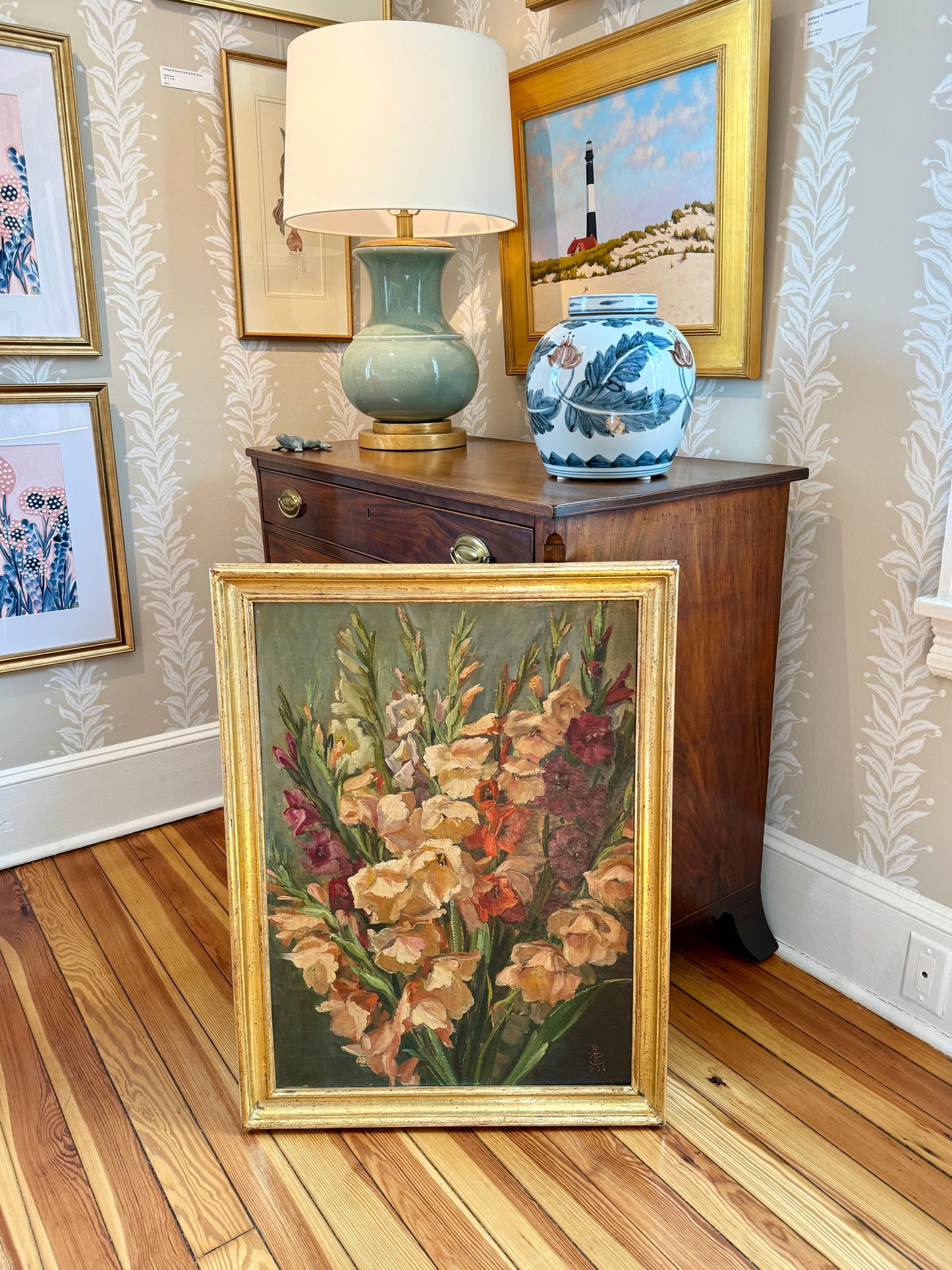 1956 Large Floral Still Life Gladioli Oil Painting in Gilt Frame