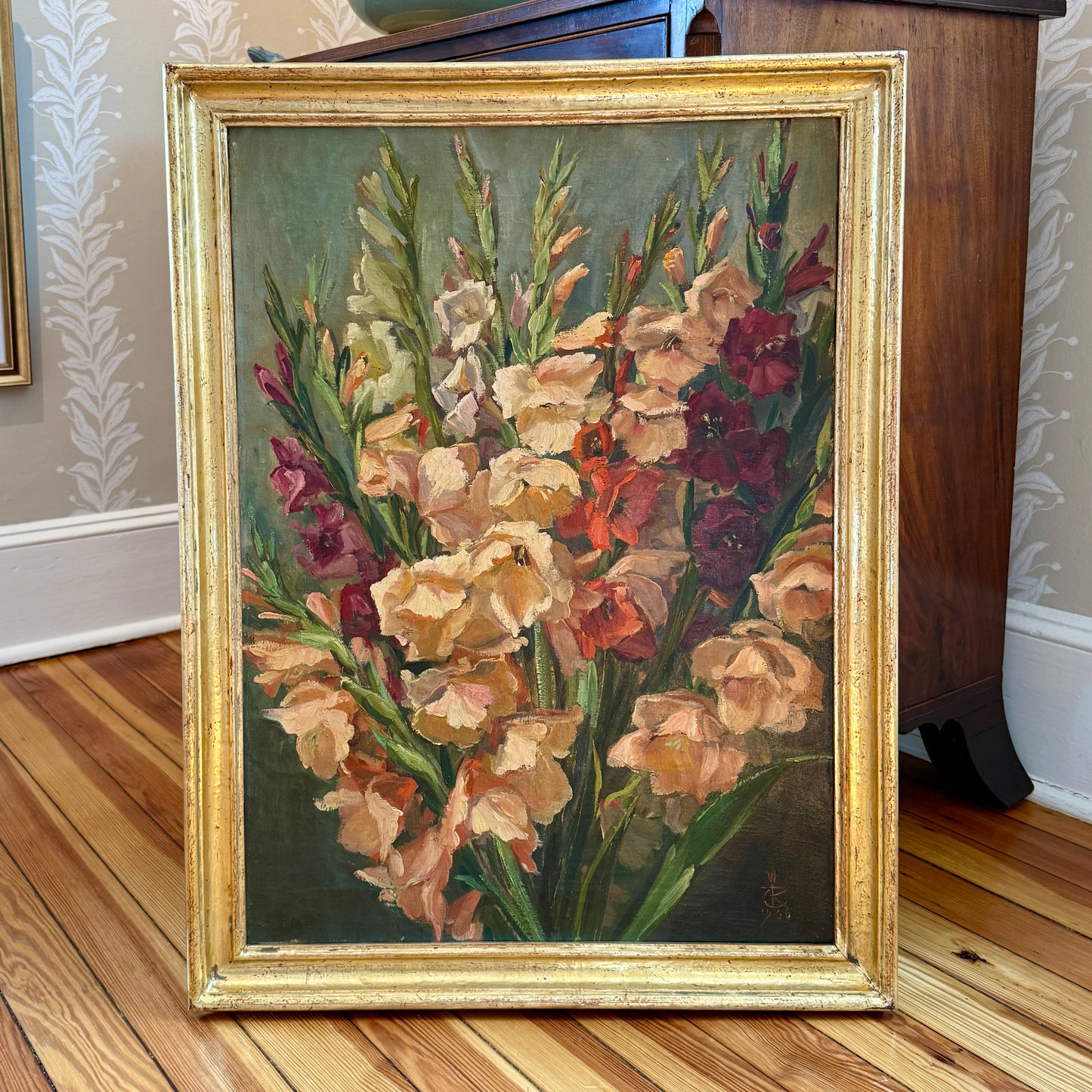 1956 Large Floral Still Life Gladioli Oil Painting in Gilt Frame