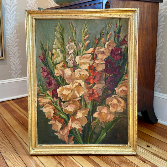 1956 Large Floral Still Life Gladioli Oil Painting in Gilt Frame