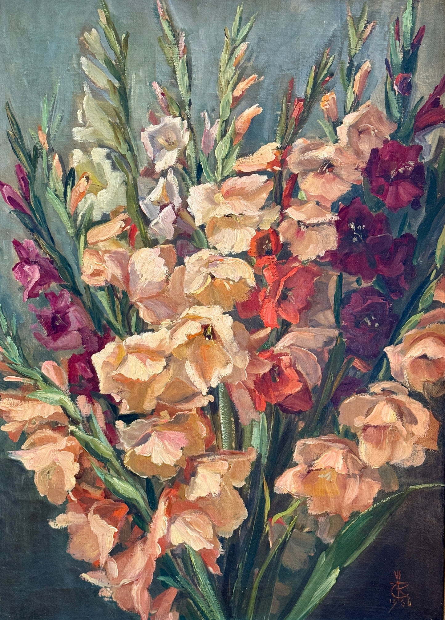 1956 Large Floral Still Life Gladioli Oil Painting in Gilt Frame