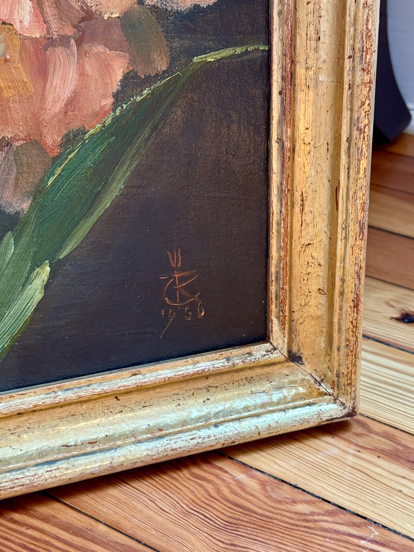 1956 Large Floral Still Life Gladioli Oil Painting in Gilt Frame