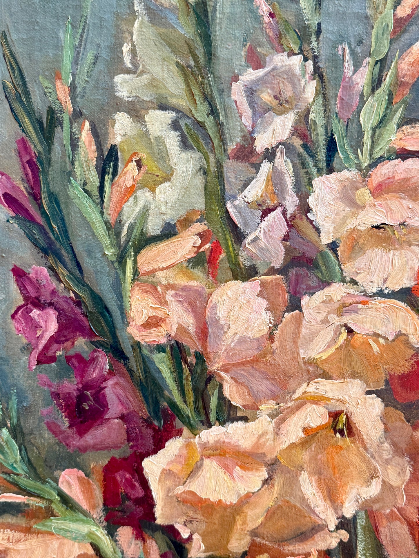 1956 Large Floral Still Life Gladioli Oil Painting in Gilt Frame