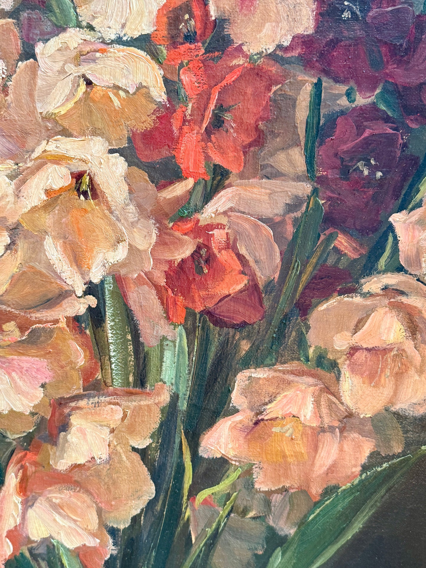 1956 Large Floral Still Life Gladioli Oil Painting in Gilt Frame