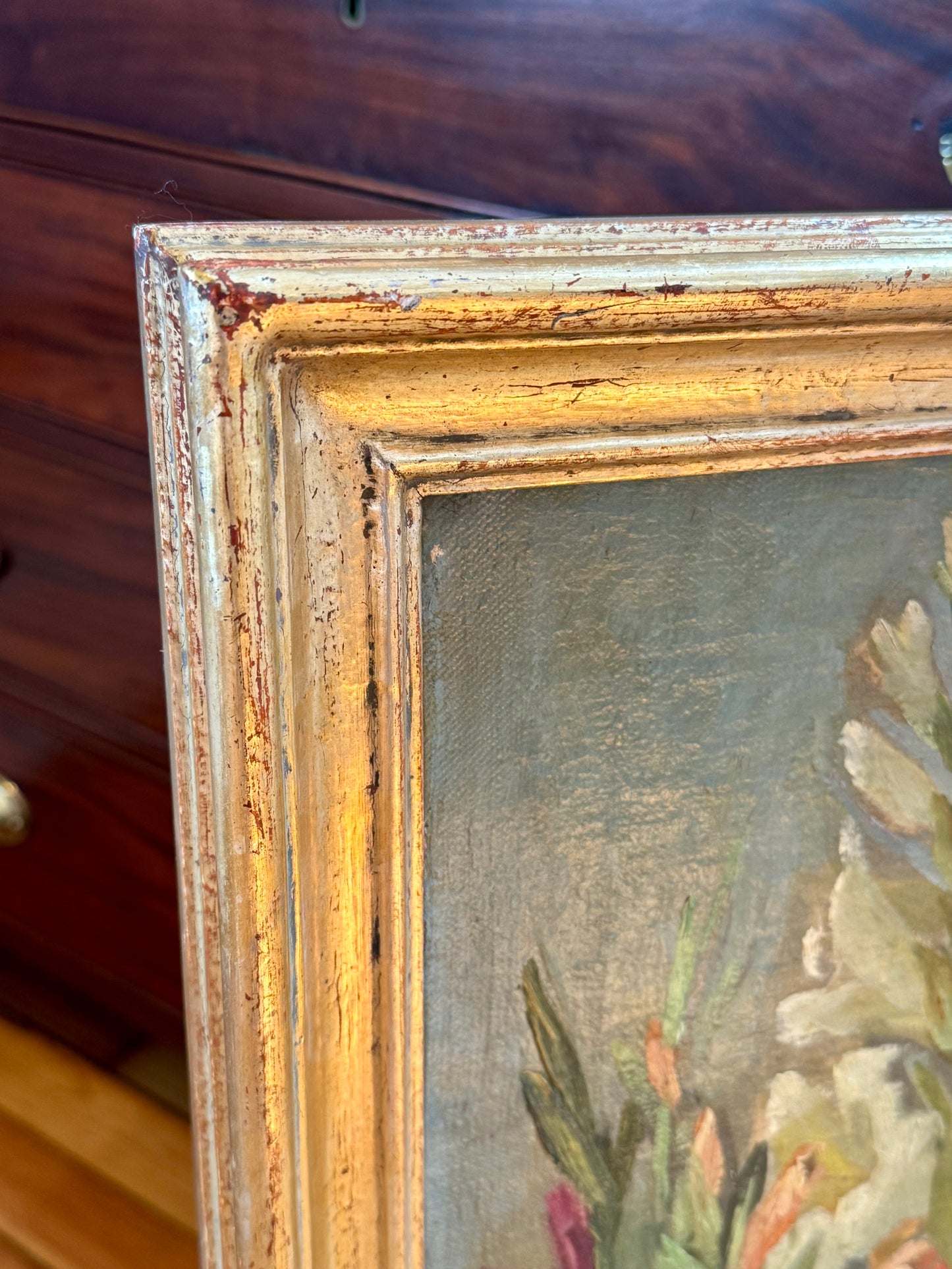 1956 Large Floral Still Life Gladioli Oil Painting in Gilt Frame