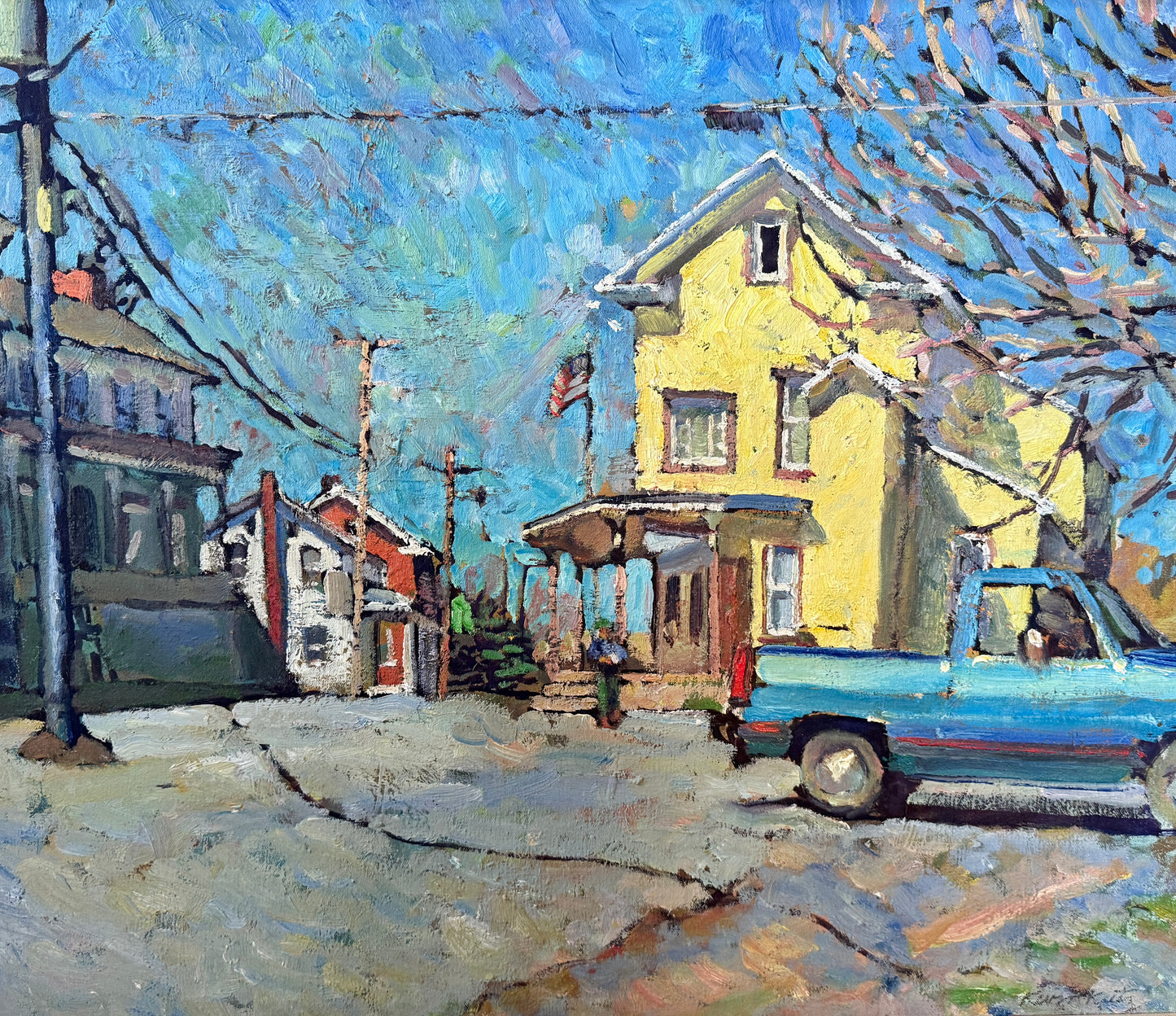 Kevin Kutz American Small Town Blue Truck Oil Painting in Gold Frame