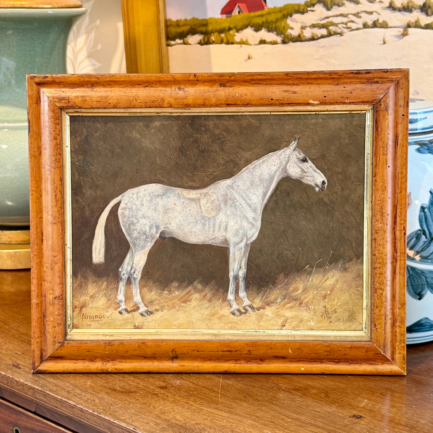 Antique 1925 Follower of George Paice Nimrod Gray Hunter Horse Equine Portrait Oil Painting