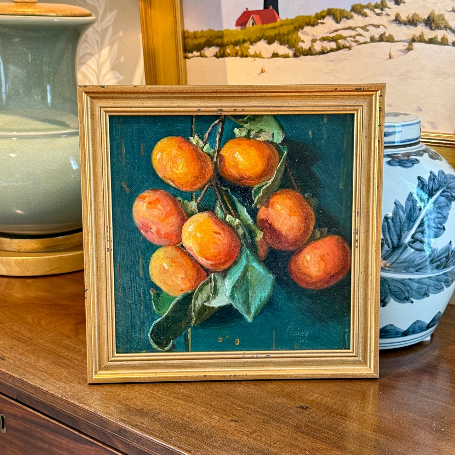 Youqing Wang Persimmon Branch Still Life Oil Painting in Gold Frame