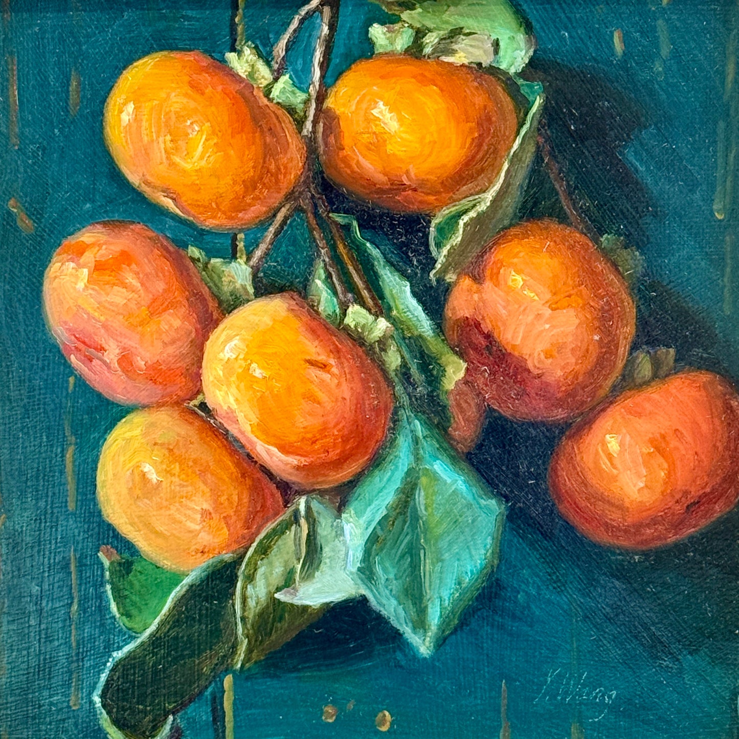 Youqing Wang Persimmon Branch Still Life Oil Painting in Gold Frame