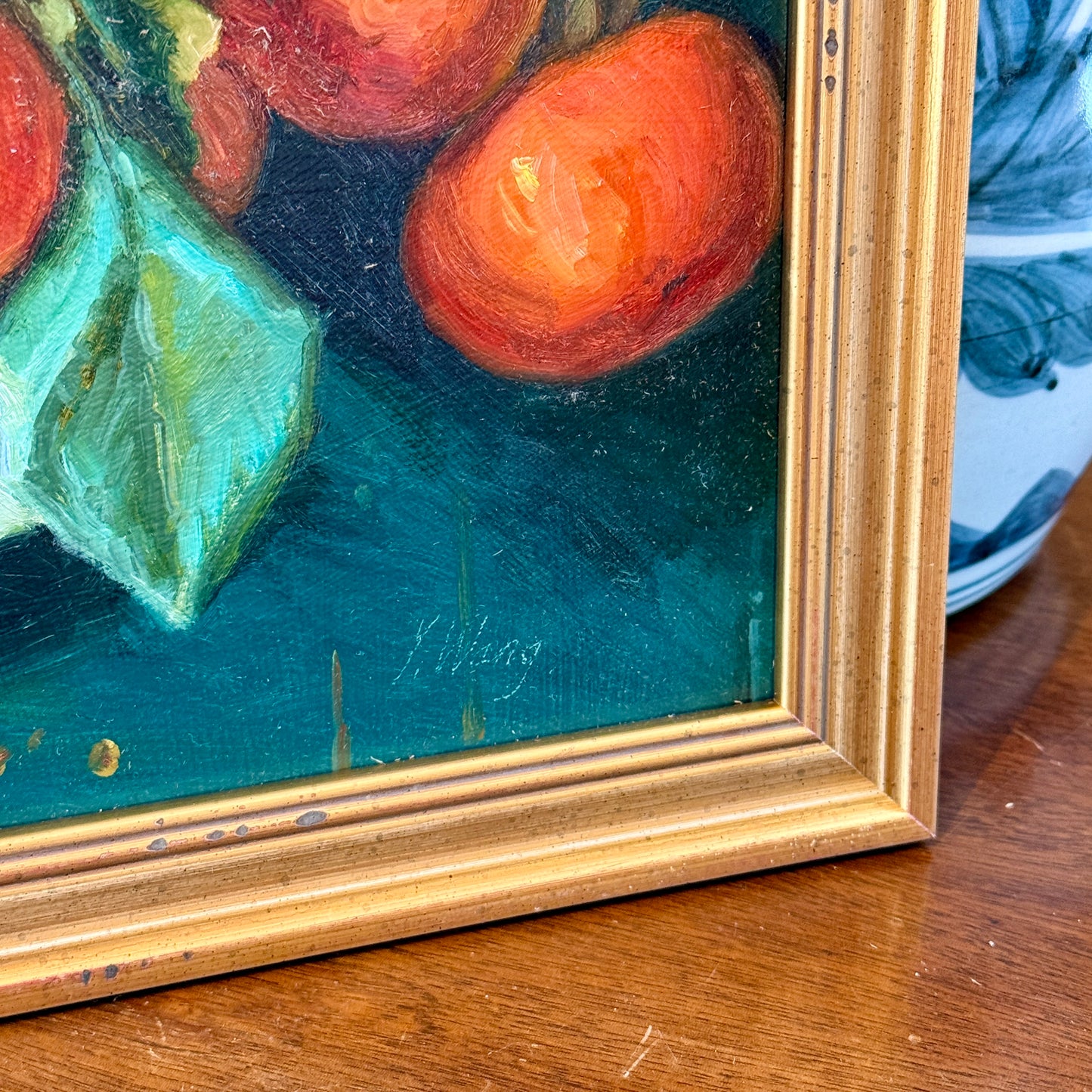 Youqing Wang Persimmon Branch Still Life Oil Painting in Gold Frame