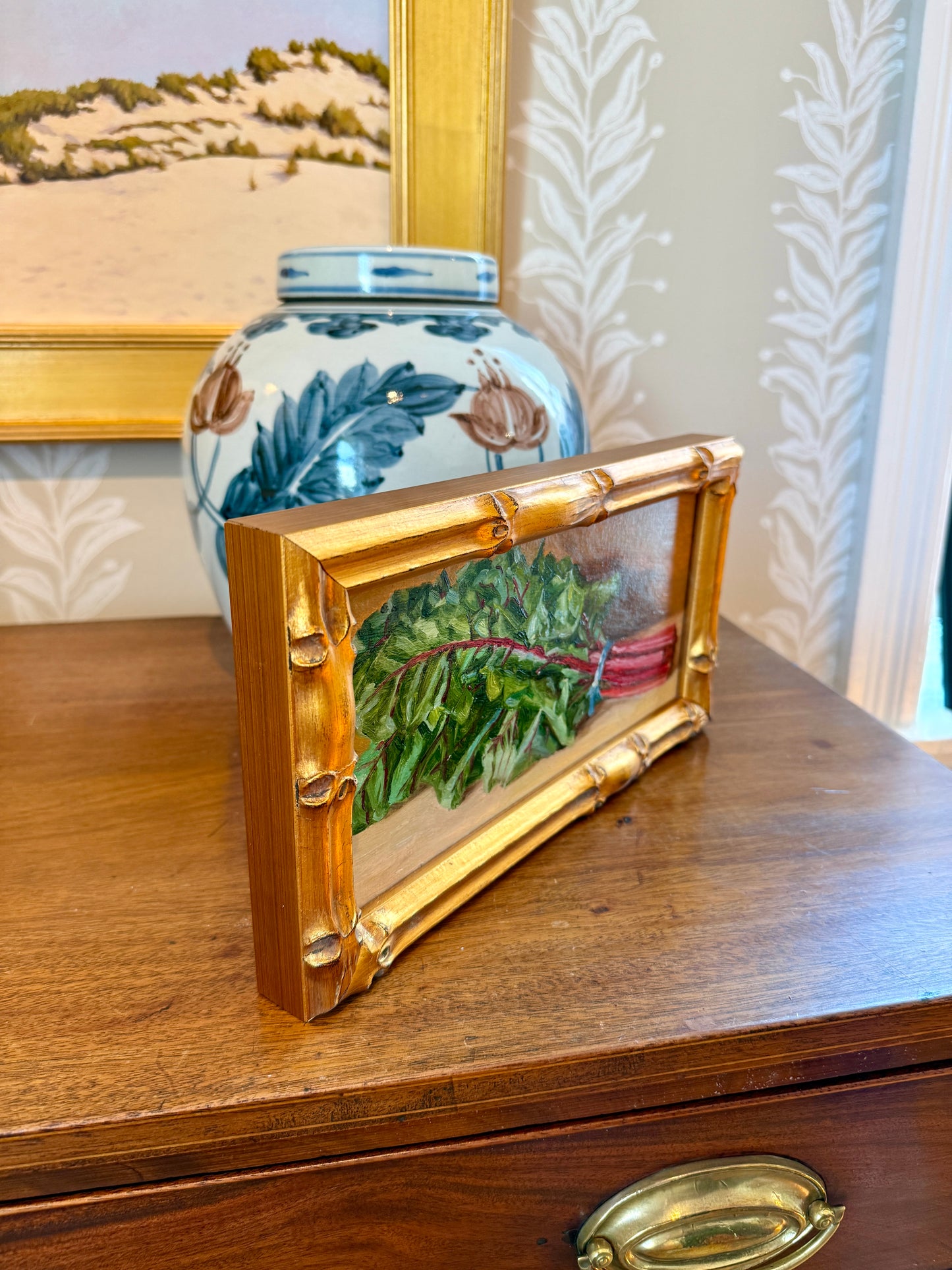 Youqing Wang Swiss Chard Still Life Oil Painting in Gold Bamboo Frame