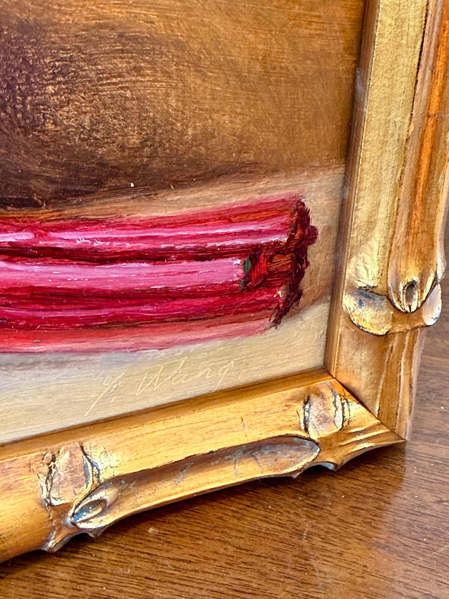 Youqing Wang Swiss Chard Still Life Oil Painting in Gold Bamboo Frame