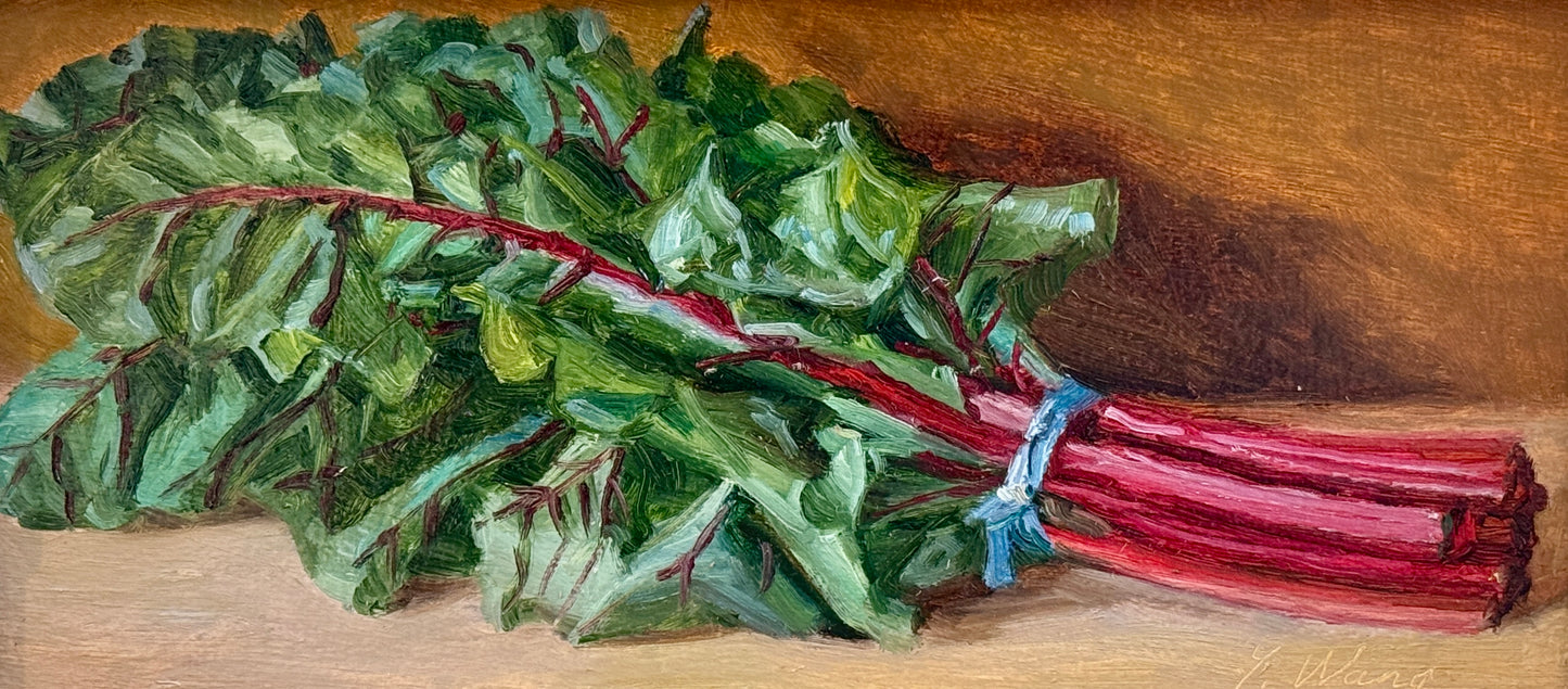 Youqing Wang Swiss Chard Still Life Oil Painting in Gold Bamboo Frame