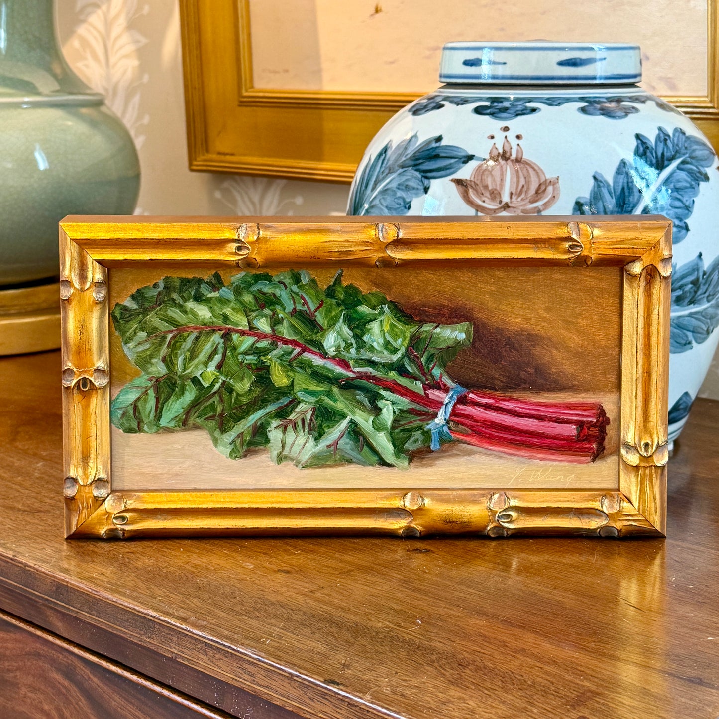 Youqing Wang Swiss Chard Still Life Oil Painting in Gold Bamboo Frame