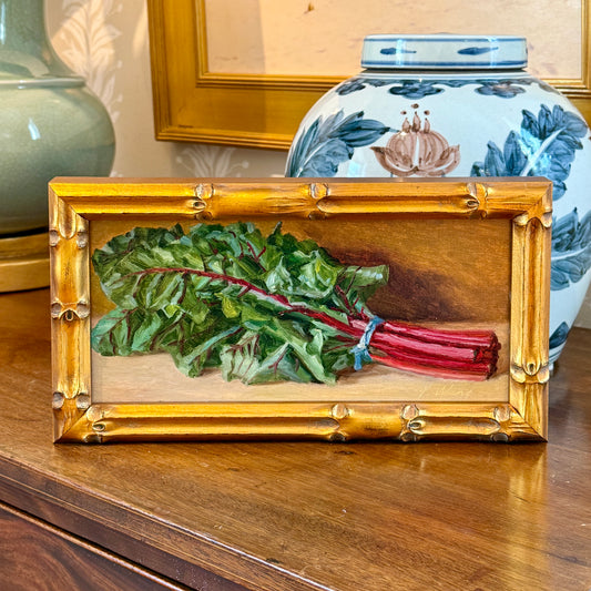 Youqing Wang Swiss Chard Still Life Oil Painting in Gold Bamboo Frame