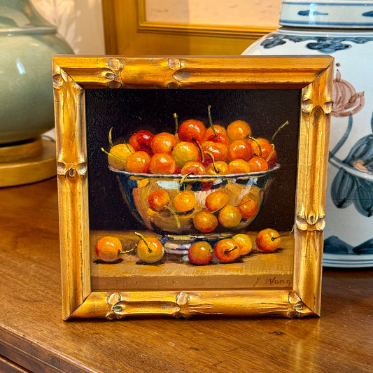 Youqing Wang Rainier Cherries in a Silver Bowl Still Life Oil Painting in Gold Bamboo Frame
