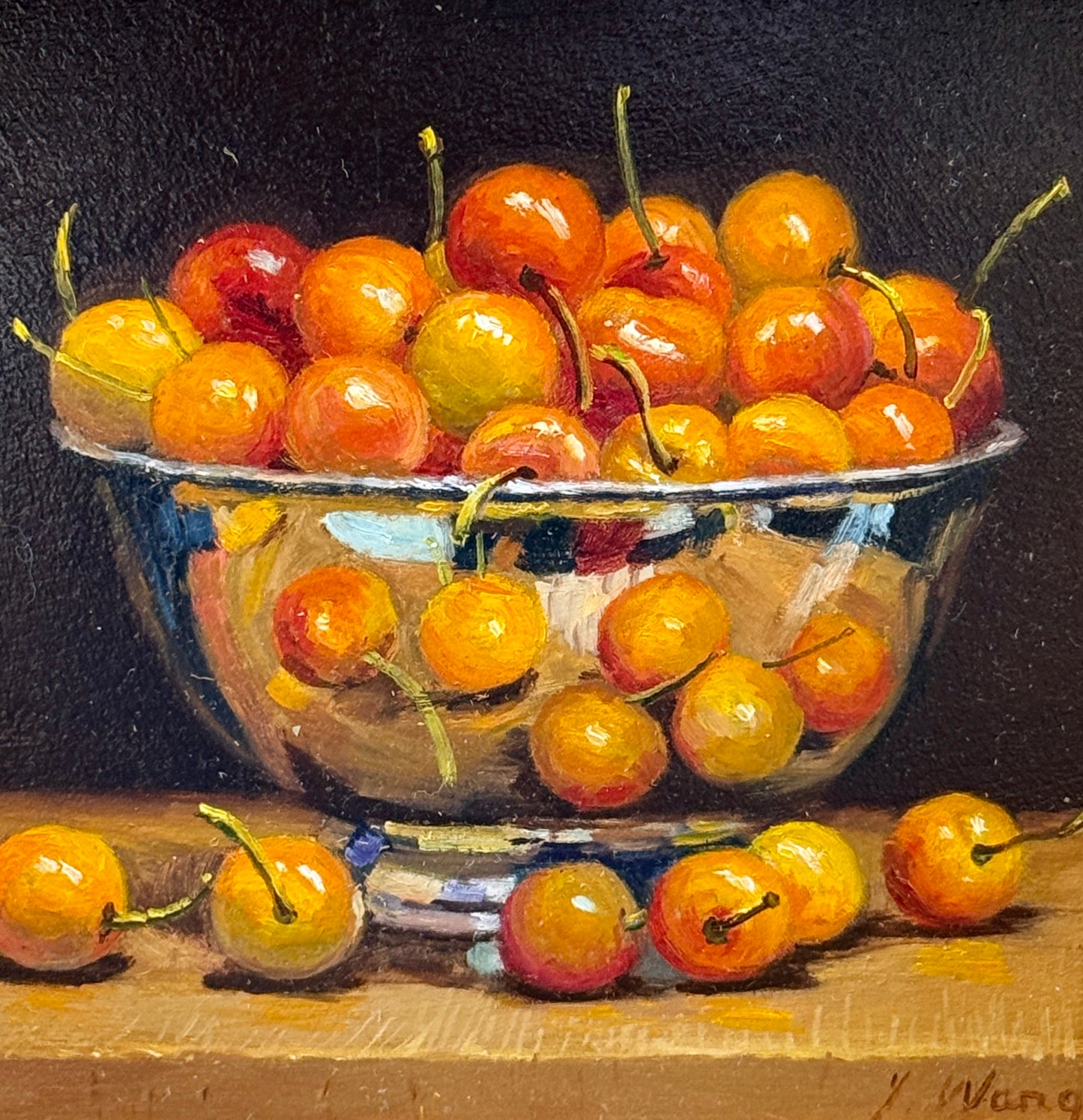 Youqing Wang Rainier Cherries in a Silver Bowl Still Life Oil Painting in Gold Bamboo Frame