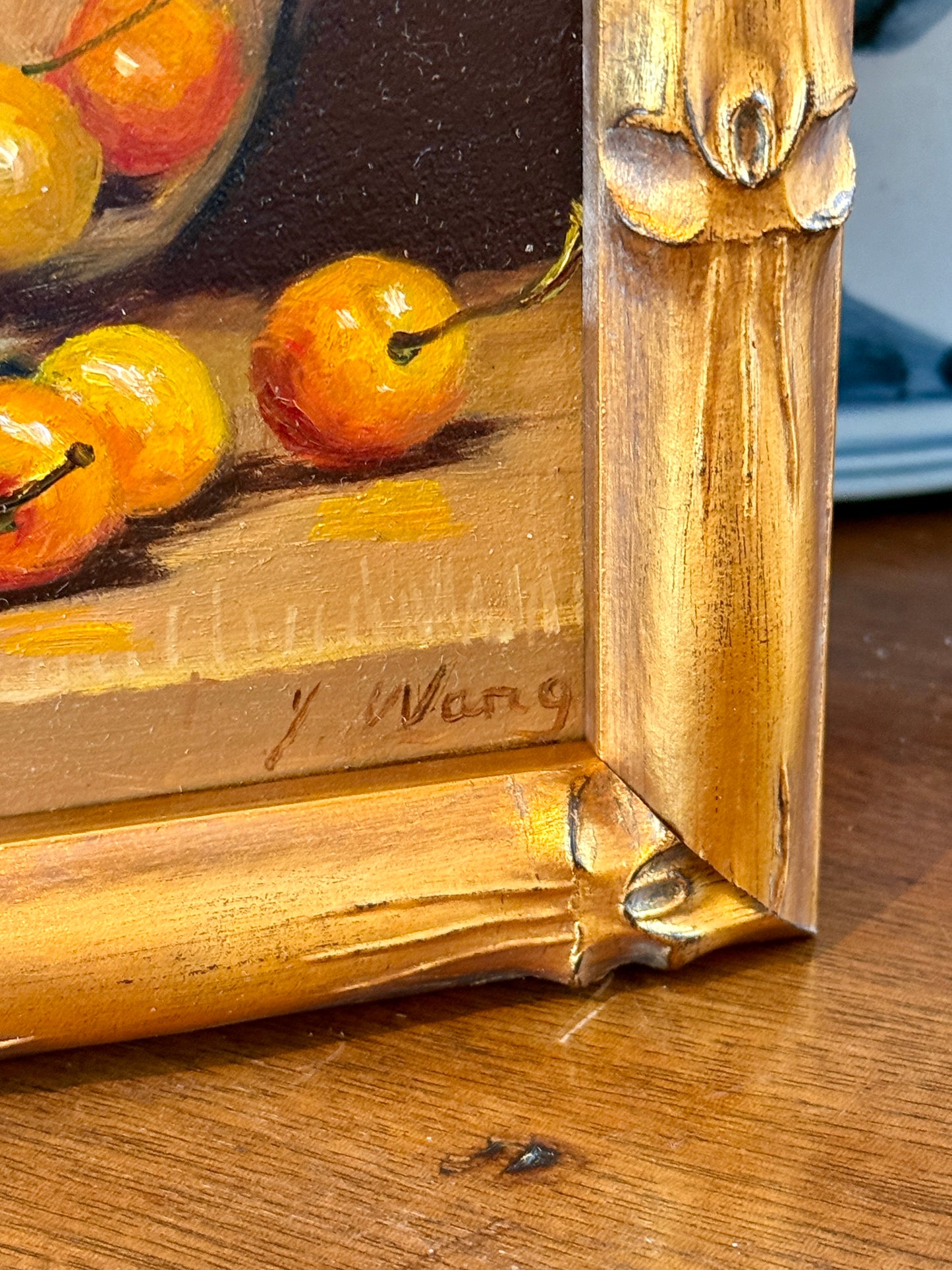 Youqing Wang Rainier Cherries in a Silver Bowl Still Life Oil Painting in Gold Bamboo Frame