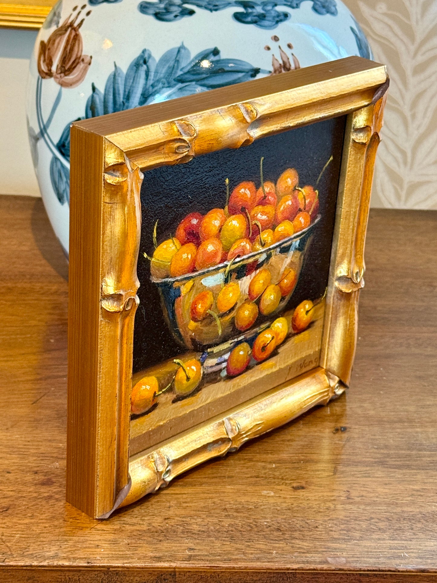 Youqing Wang Rainier Cherries in a Silver Bowl Still Life Oil Painting in Gold Bamboo Frame