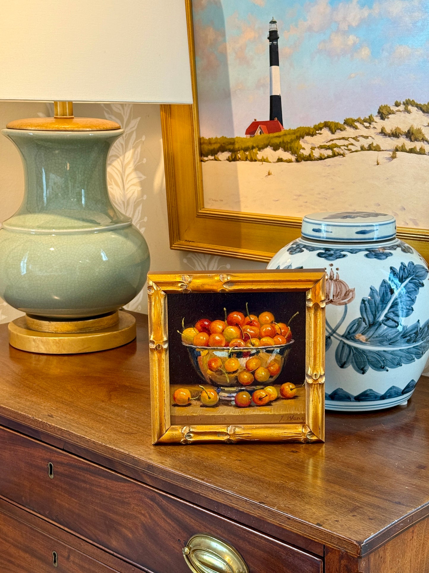 Youqing Wang Rainier Cherries in a Silver Bowl Still Life Oil Painting in Gold Bamboo Frame