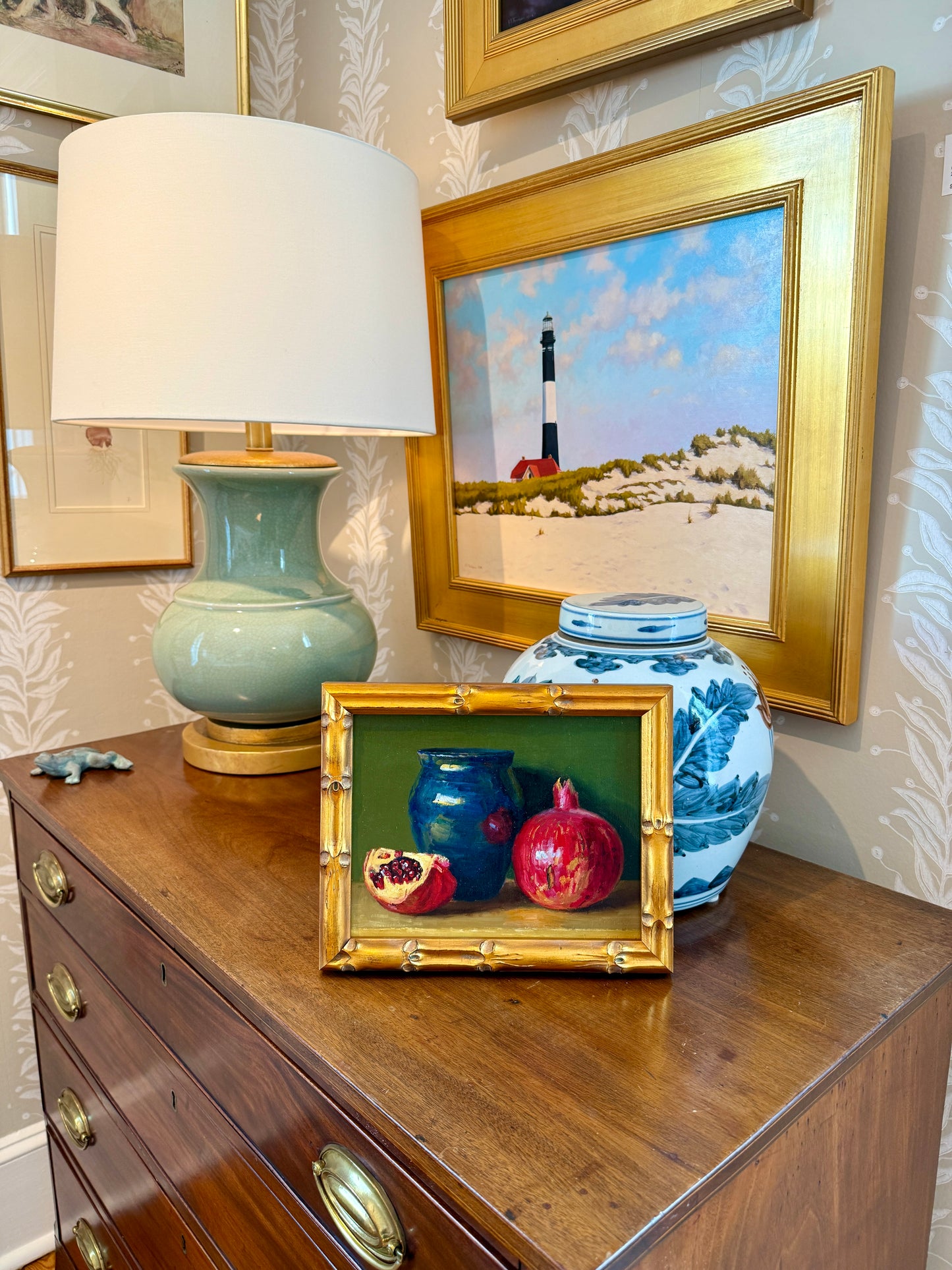 Youqing Wang Pomegranate and Blue Pottery Vase Oil Painting in Gold Bamboo Frame