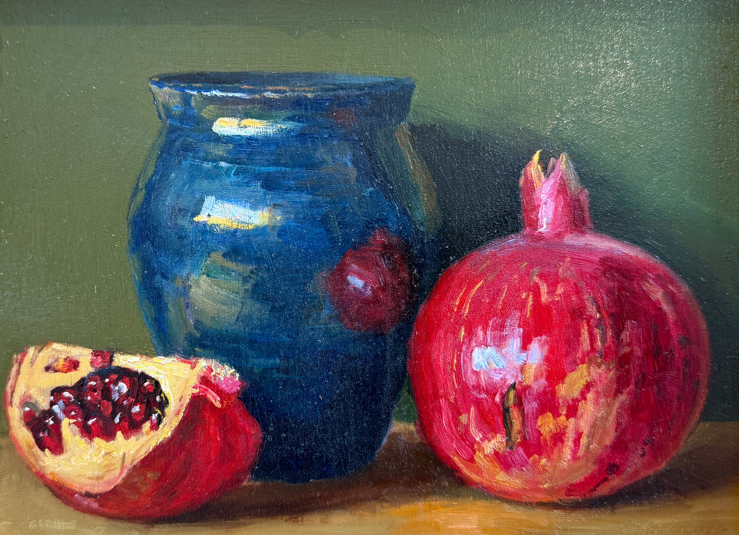 Youqing Wang Pomegranate and Blue Pottery Vase Oil Painting in Gold Bamboo Frame