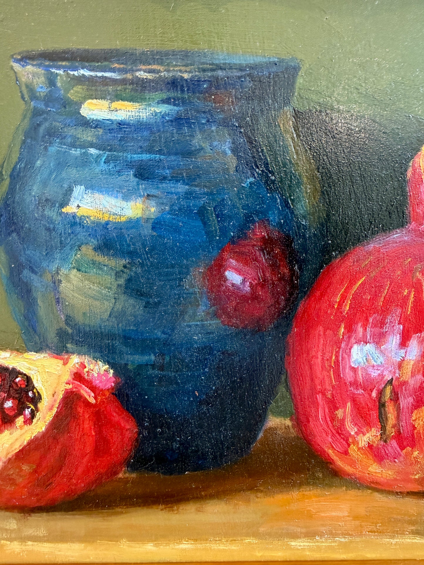 Youqing Wang Pomegranate and Blue Pottery Vase Oil Painting in Gold Bamboo Frame