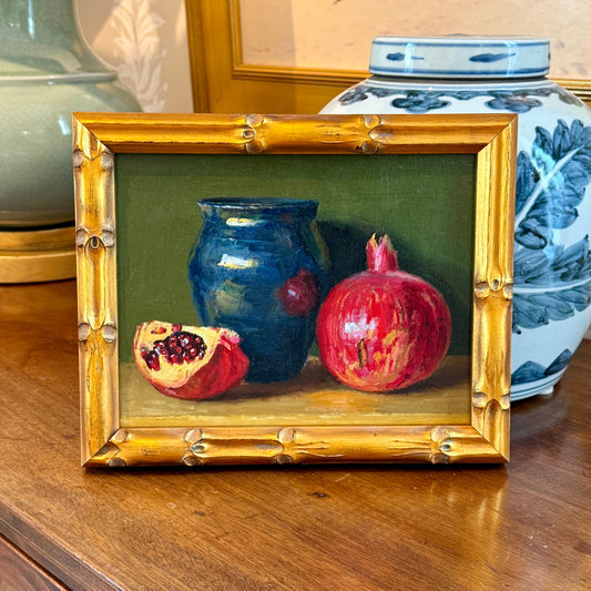 Youqing Wang Pomegranate and Blue Pottery Vase Oil Painting in Gold Bamboo Frame