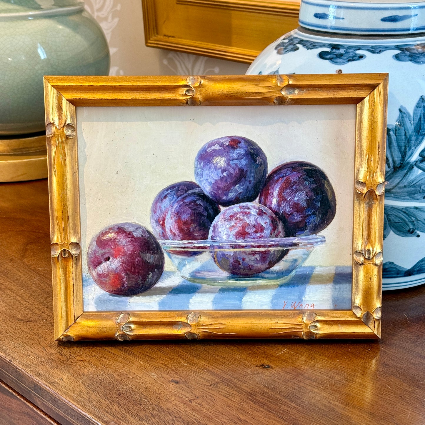 Youqing Wang Plums on Blue and White Striped Tablecloth Oil Painting in Gold Frame