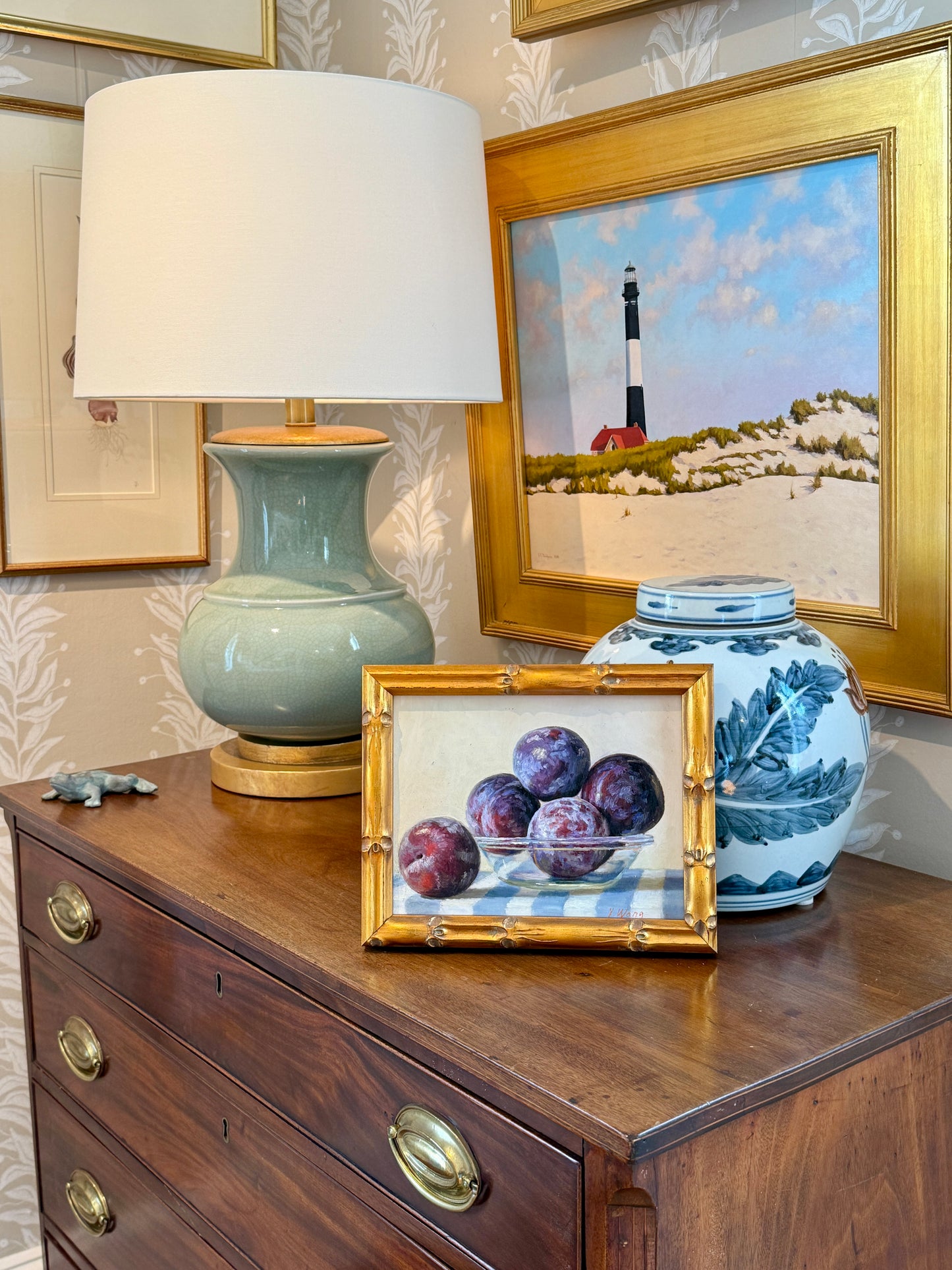 Youqing Wang Plums on Blue and White Striped Tablecloth Oil Painting in Gold Frame