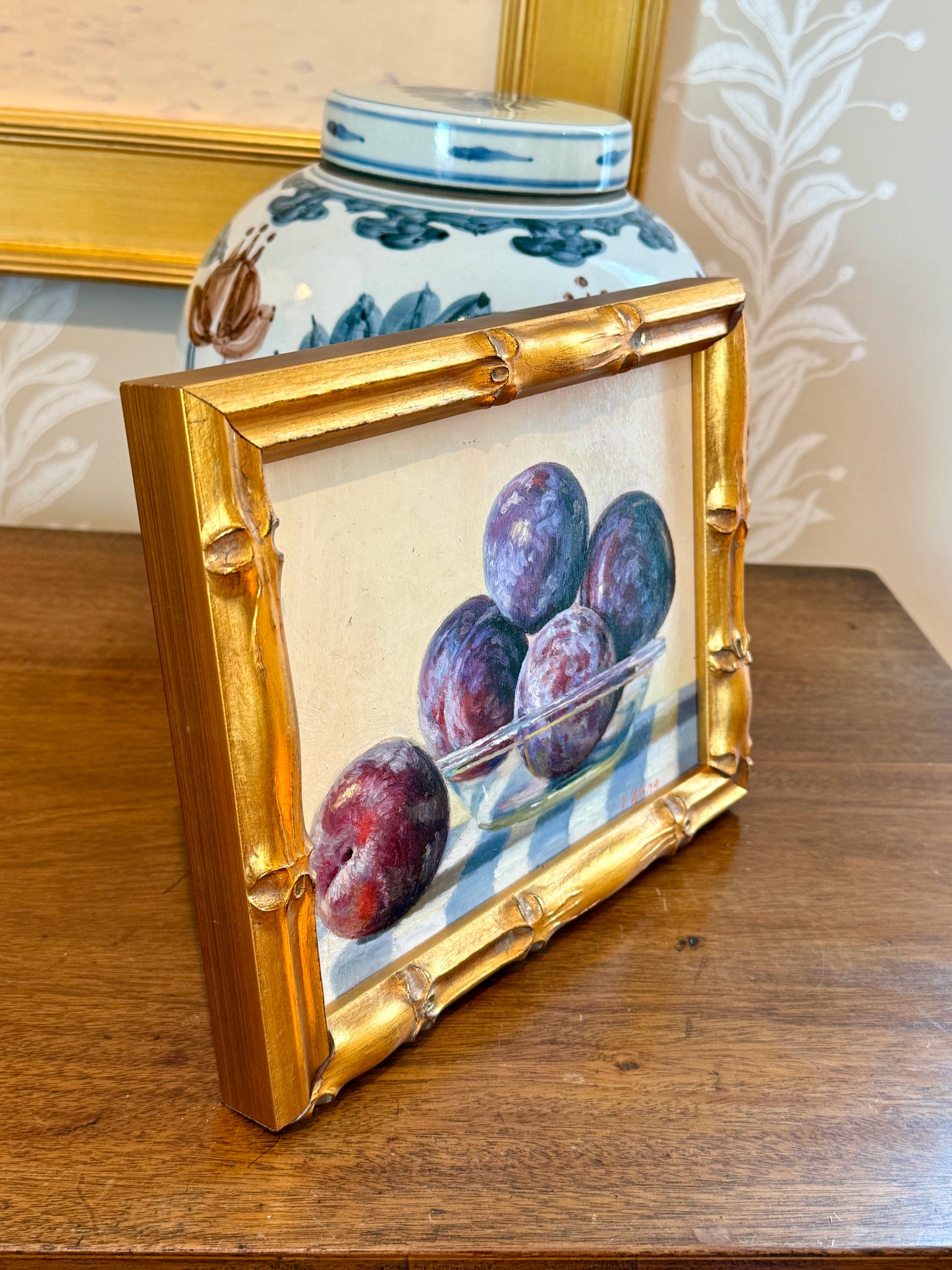 Youqing Wang Plums on Blue and White Striped Tablecloth Oil Painting in Gold Frame