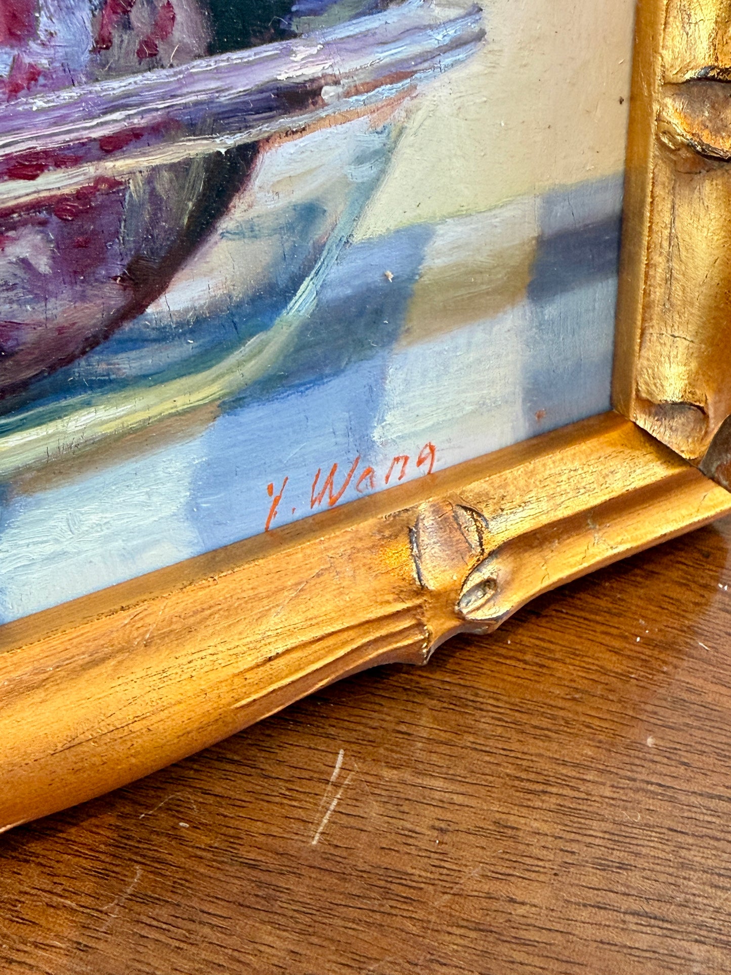 Youqing Wang Plums on Blue and White Striped Tablecloth Oil Painting in Gold Frame