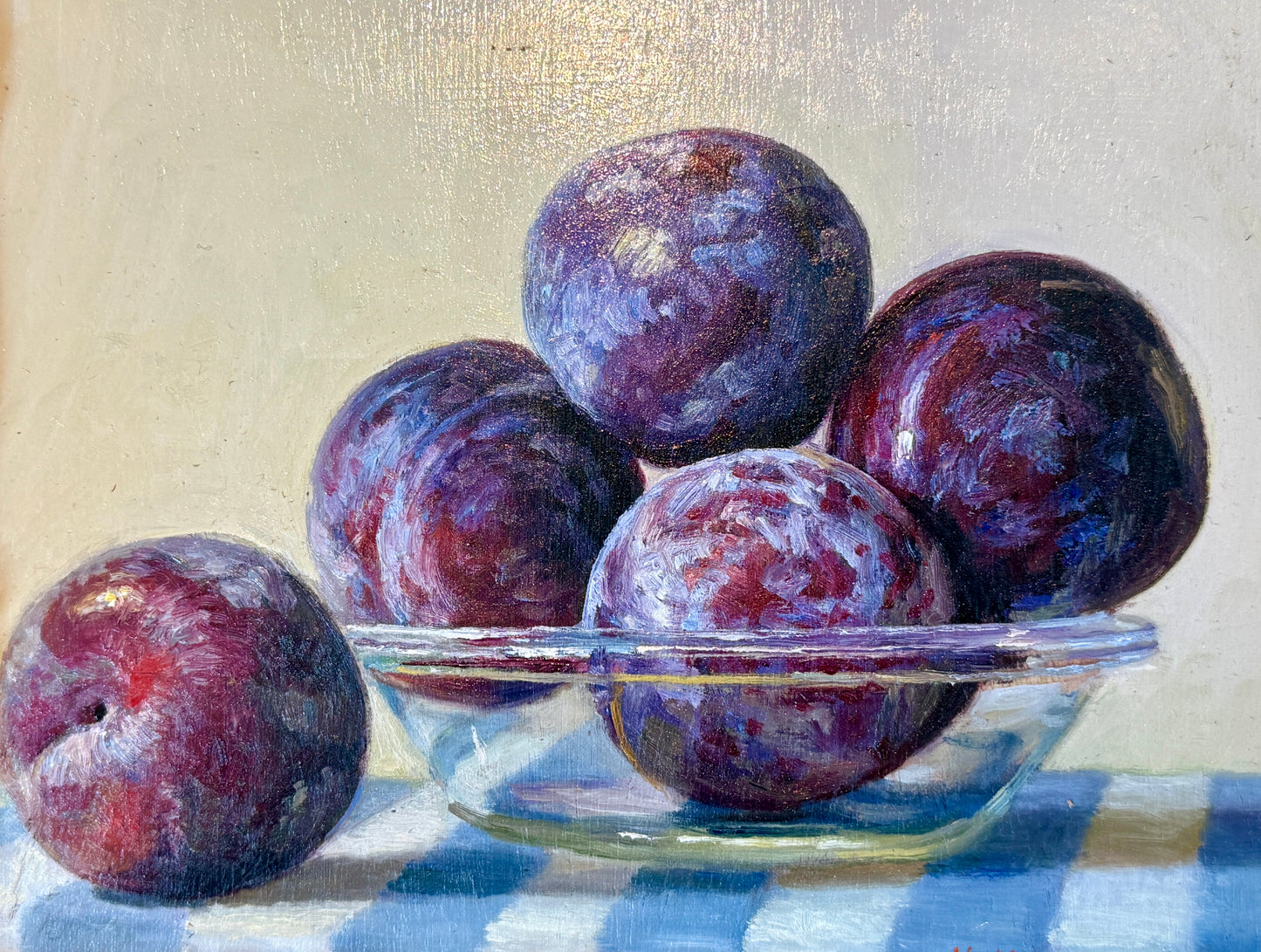 Youqing Wang Plums on Blue and White Striped Tablecloth Oil Painting in Gold Frame