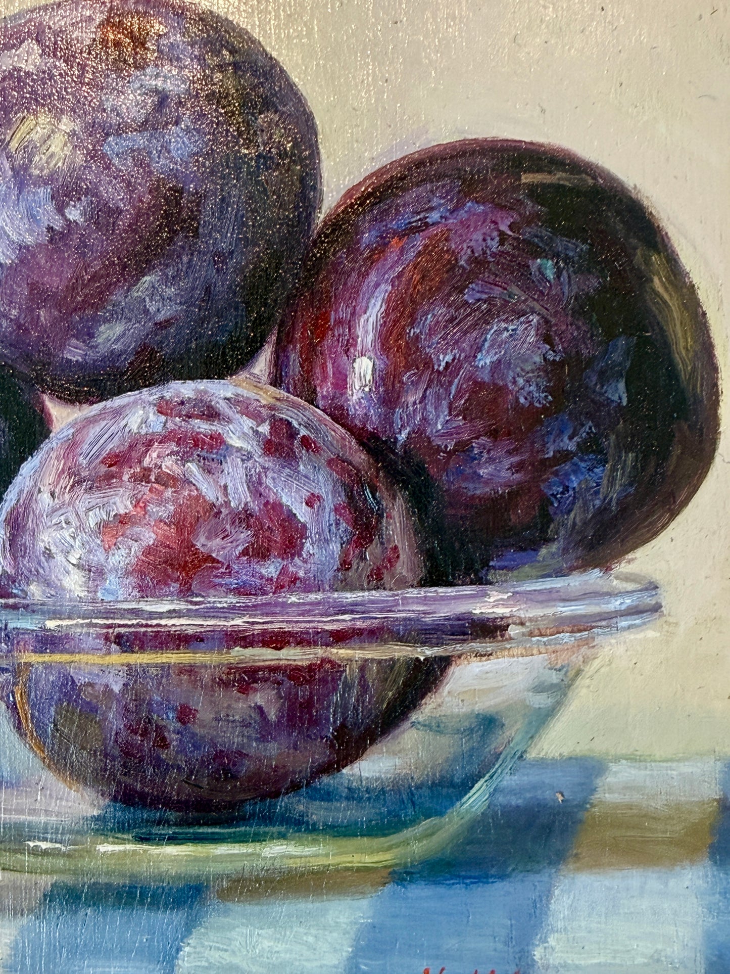 Youqing Wang Plums on Blue and White Striped Tablecloth Oil Painting in Gold Frame