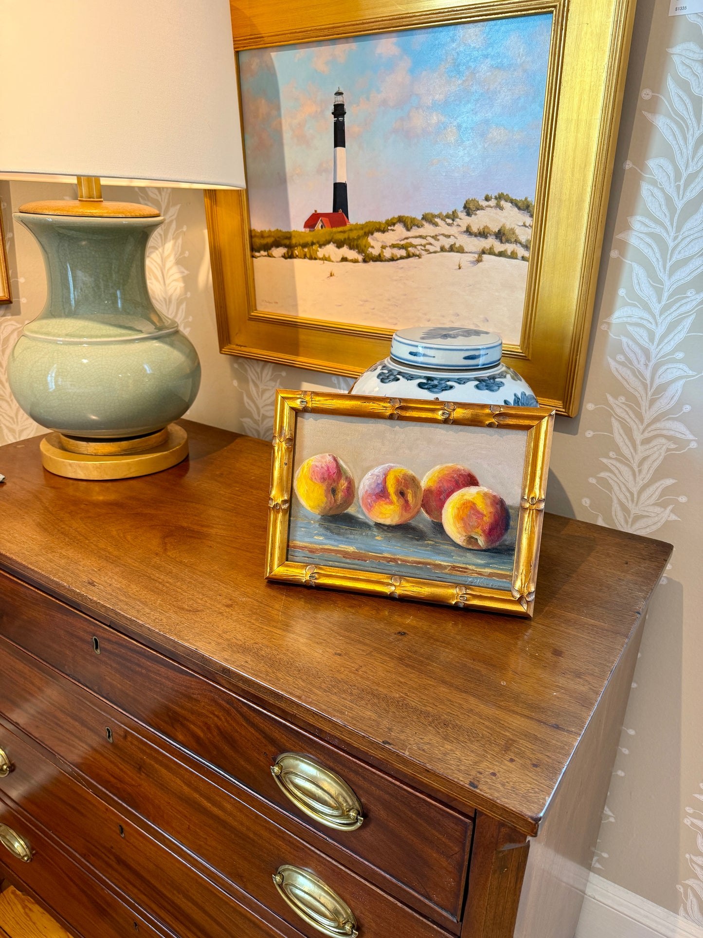 Youqing Wang Peaches on Blue Painted Table Still Life Oil Painting in Gold Bamboo Frame