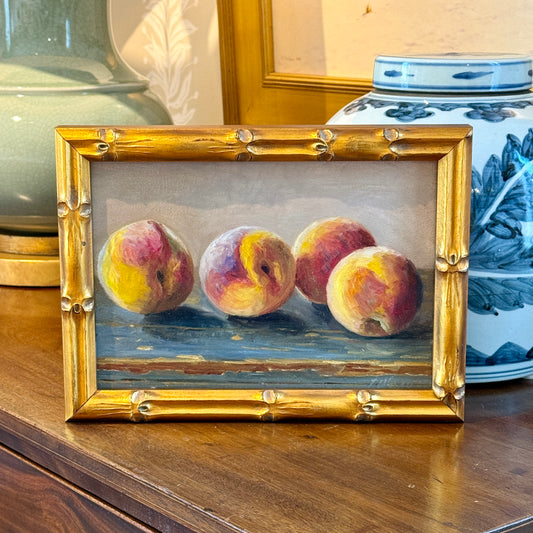 Youqing Wang Peaches on Blue Painted Table Still Life Oil Painting in Gold Bamboo Frame