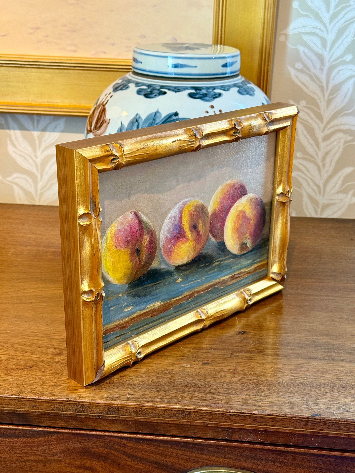 Youqing Wang Peaches on Blue Painted Table Still Life Oil Painting in Gold Bamboo Frame