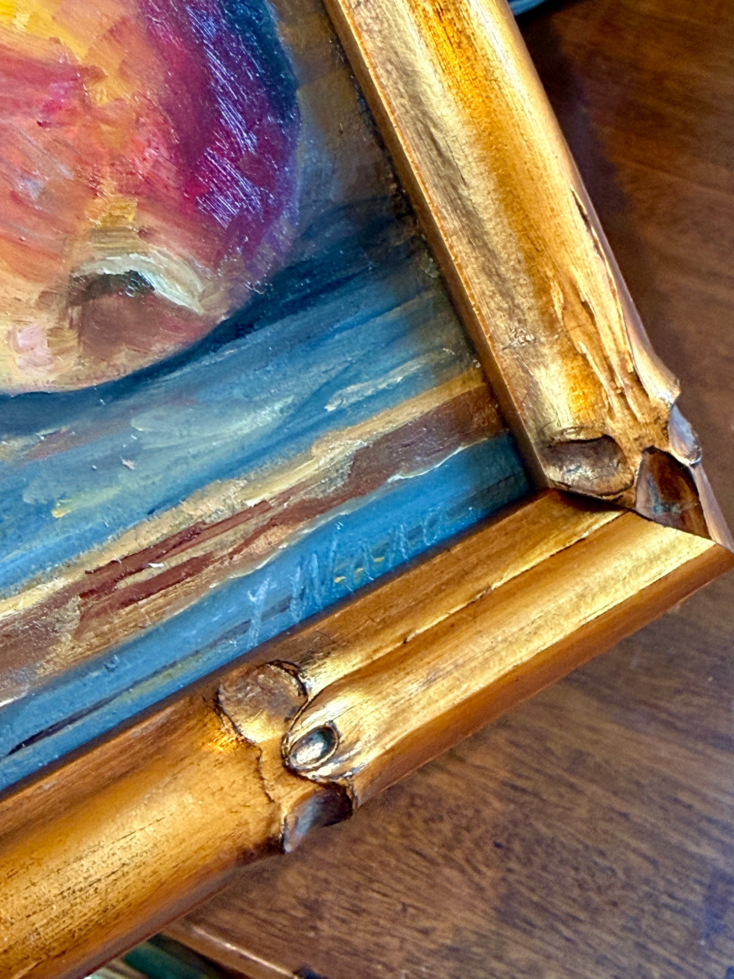 Youqing Wang Peaches on Blue Painted Table Still Life Oil Painting in Gold Bamboo Frame