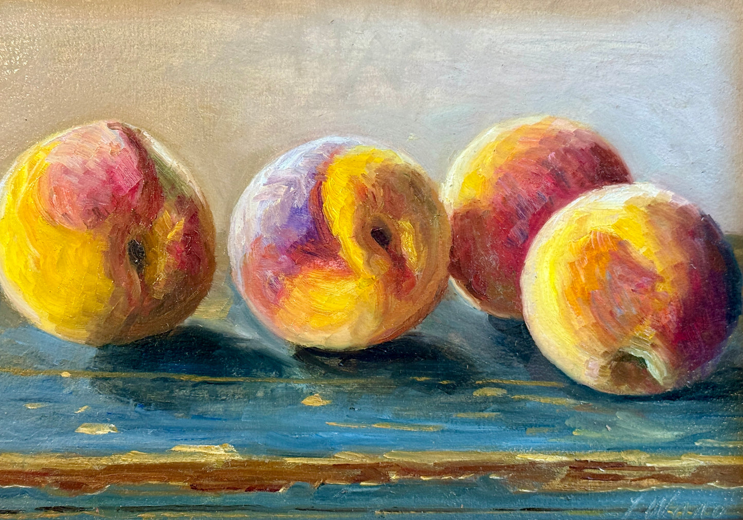 Youqing Wang Peaches on Blue Painted Table Still Life Oil Painting in Gold Bamboo Frame
