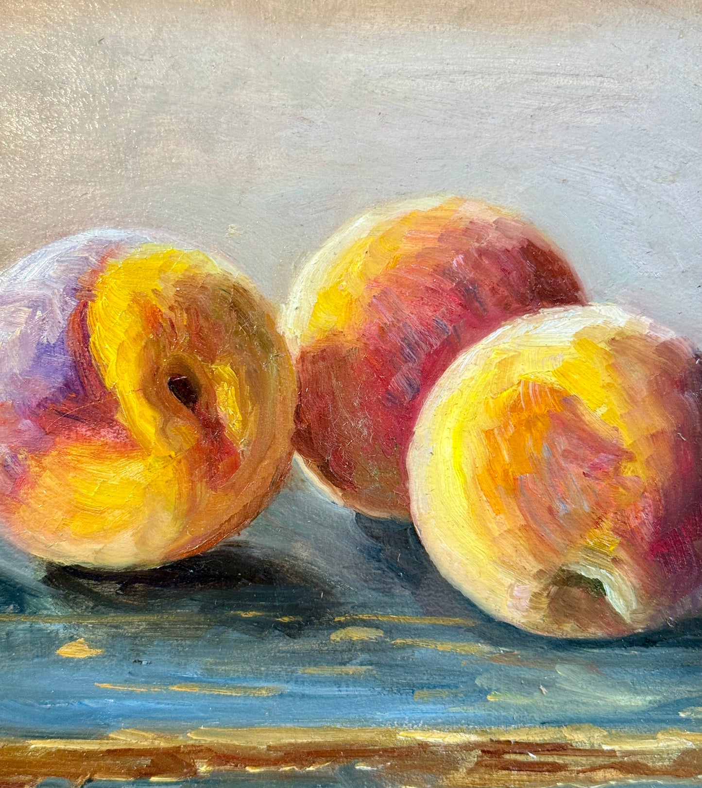 Youqing Wang Peaches on Blue Painted Table Still Life Oil Painting in Gold Bamboo Frame