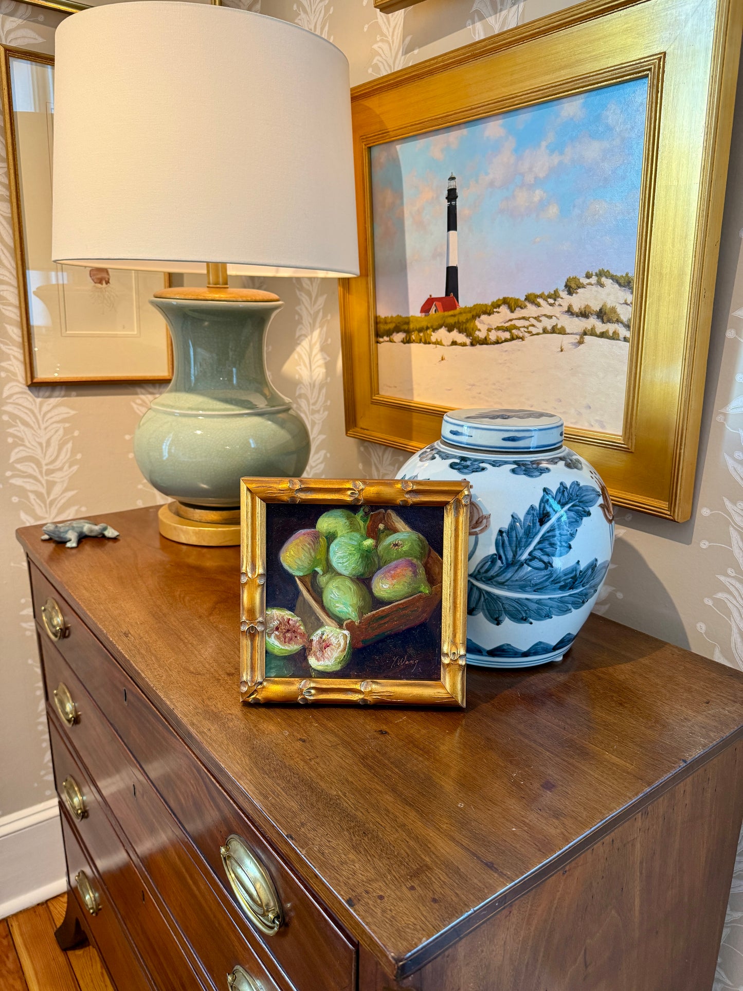 Youqing Wang Figs Still Life Oil Painting in Gold Bamboo Frame