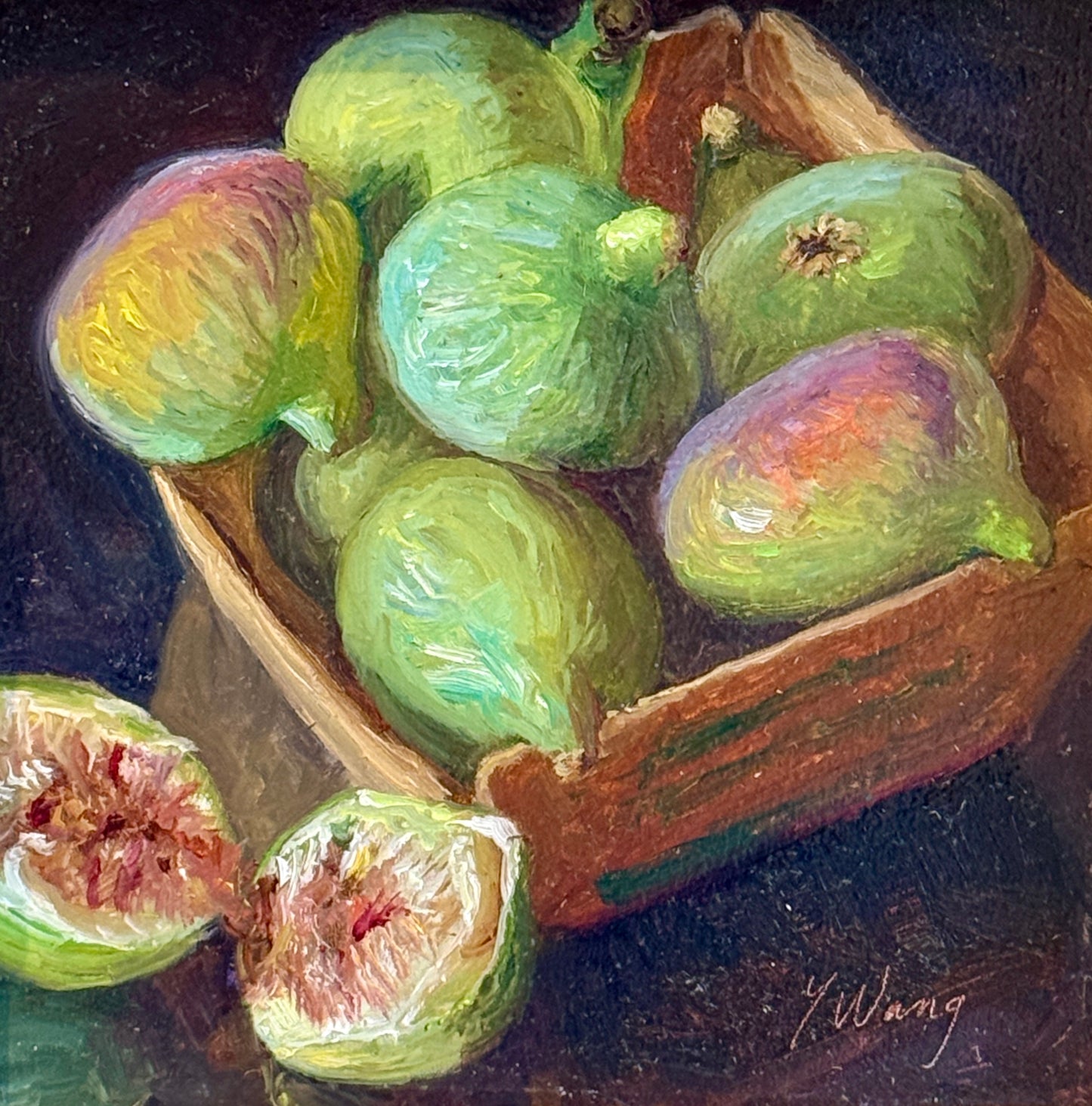 Youqing Wang Figs Still Life Oil Painting in Gold Bamboo Frame