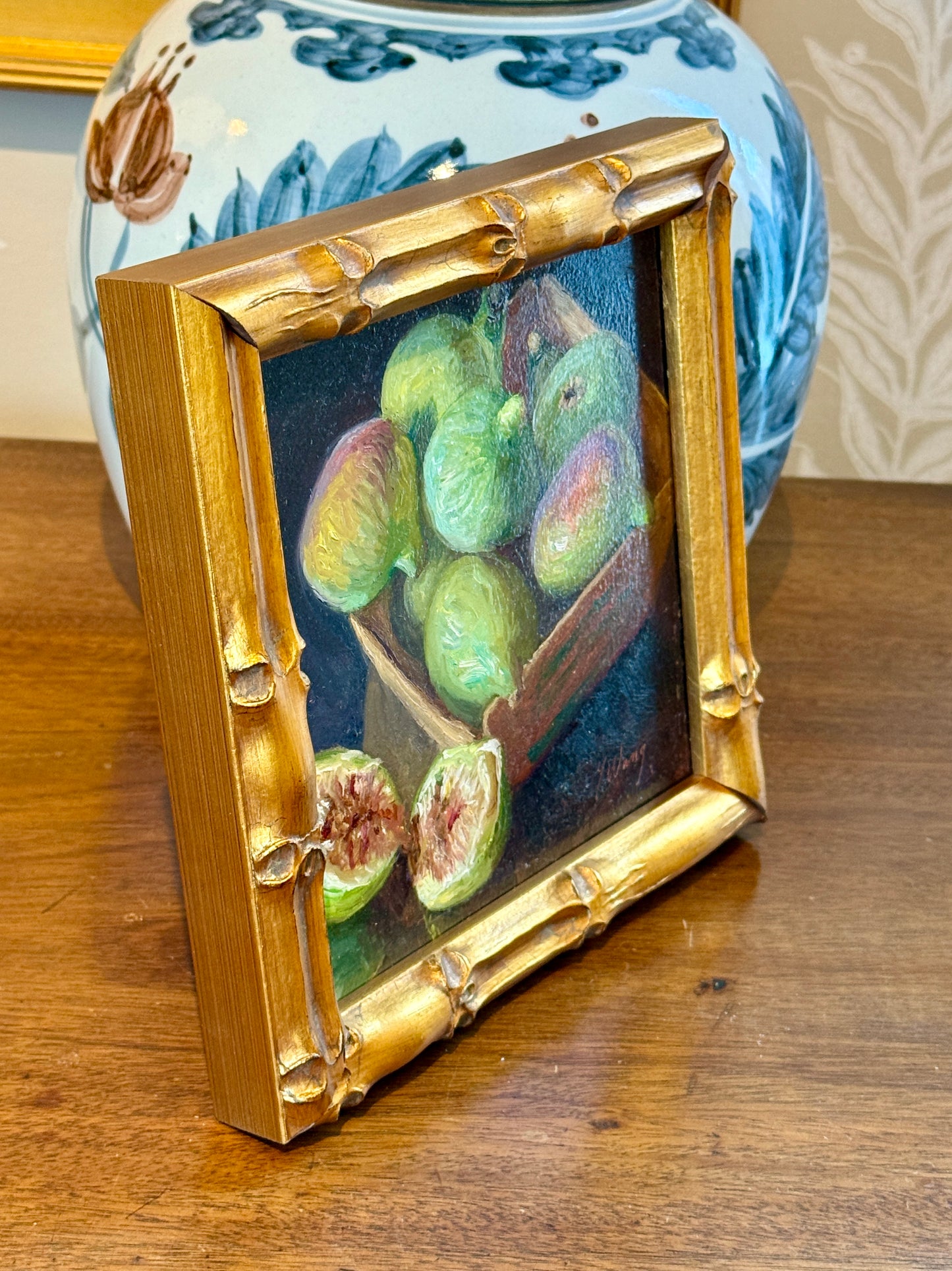 Youqing Wang Figs Still Life Oil Painting in Gold Bamboo Frame